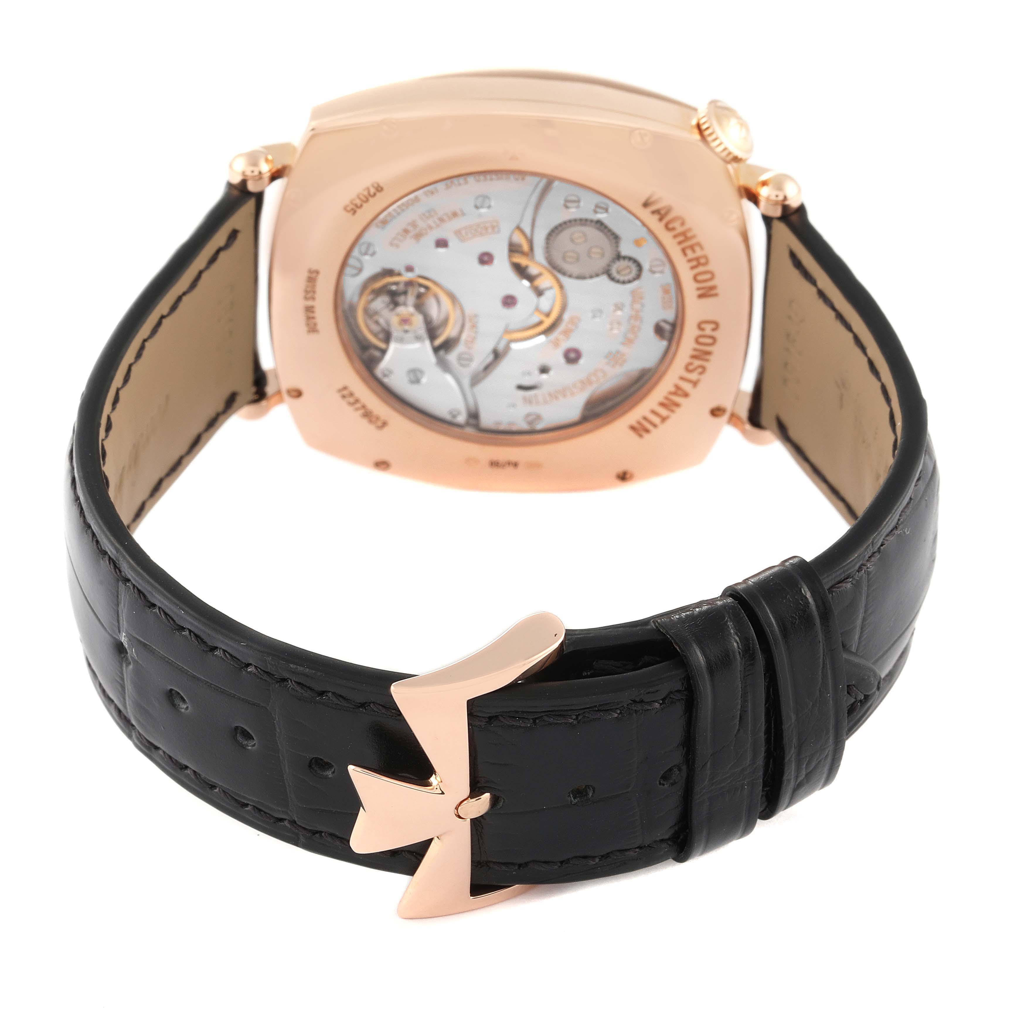 This image shows the back view of the Vacheron Constantin Historiques 82035000R-9359 Men's Rose Gold Silver Dial 82035000R-9359 Men's Rose Gold Silver Dial watch, highlighting its movement and black leather strap.