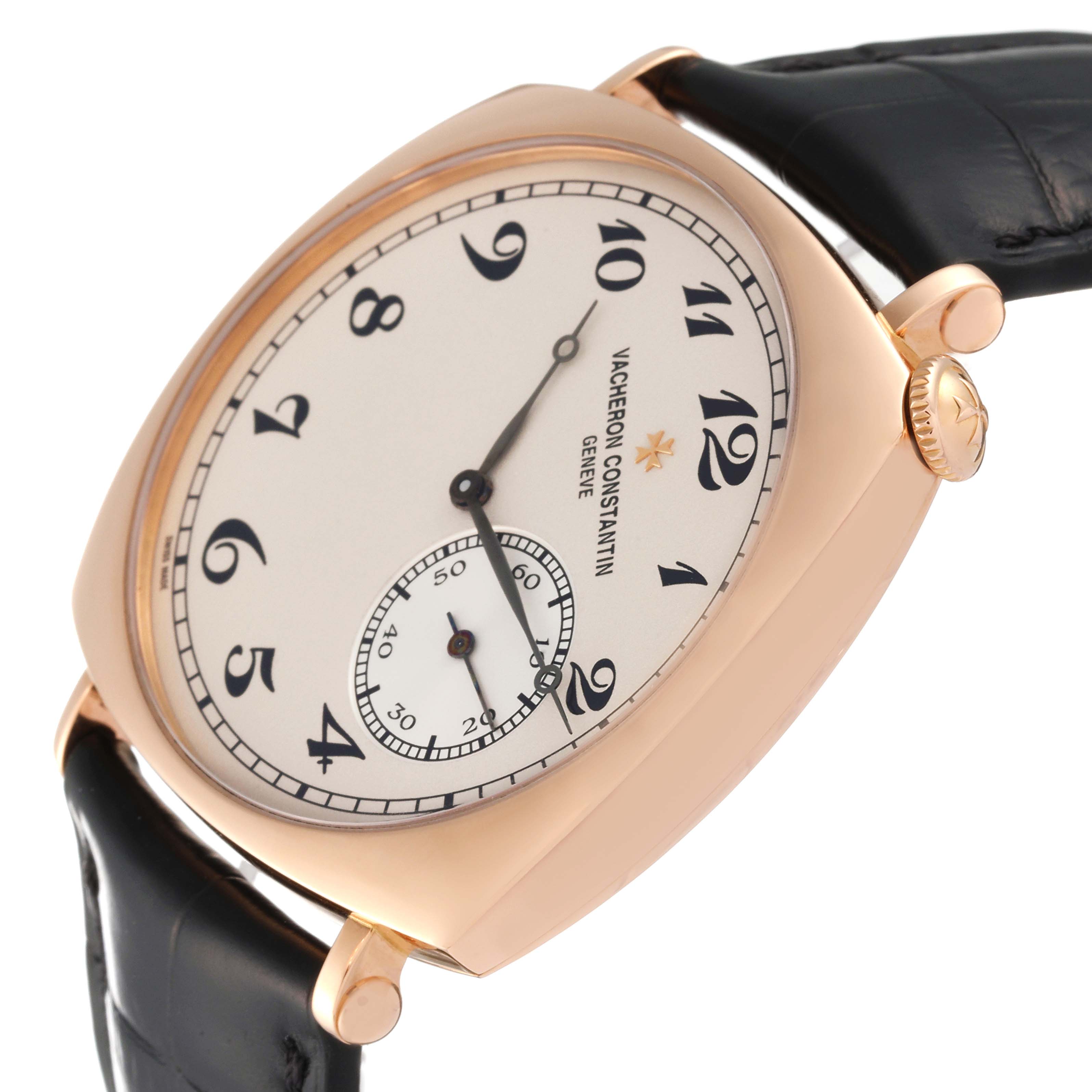 The image shows a close-up angle of the dial, crown, and part of the strap of the Vacheron Constantin Historiques 82035000R-9359 Men's Rose Gold Silver Dial 82035000R-9359 Men's Rose Gold Silver Dial watch.