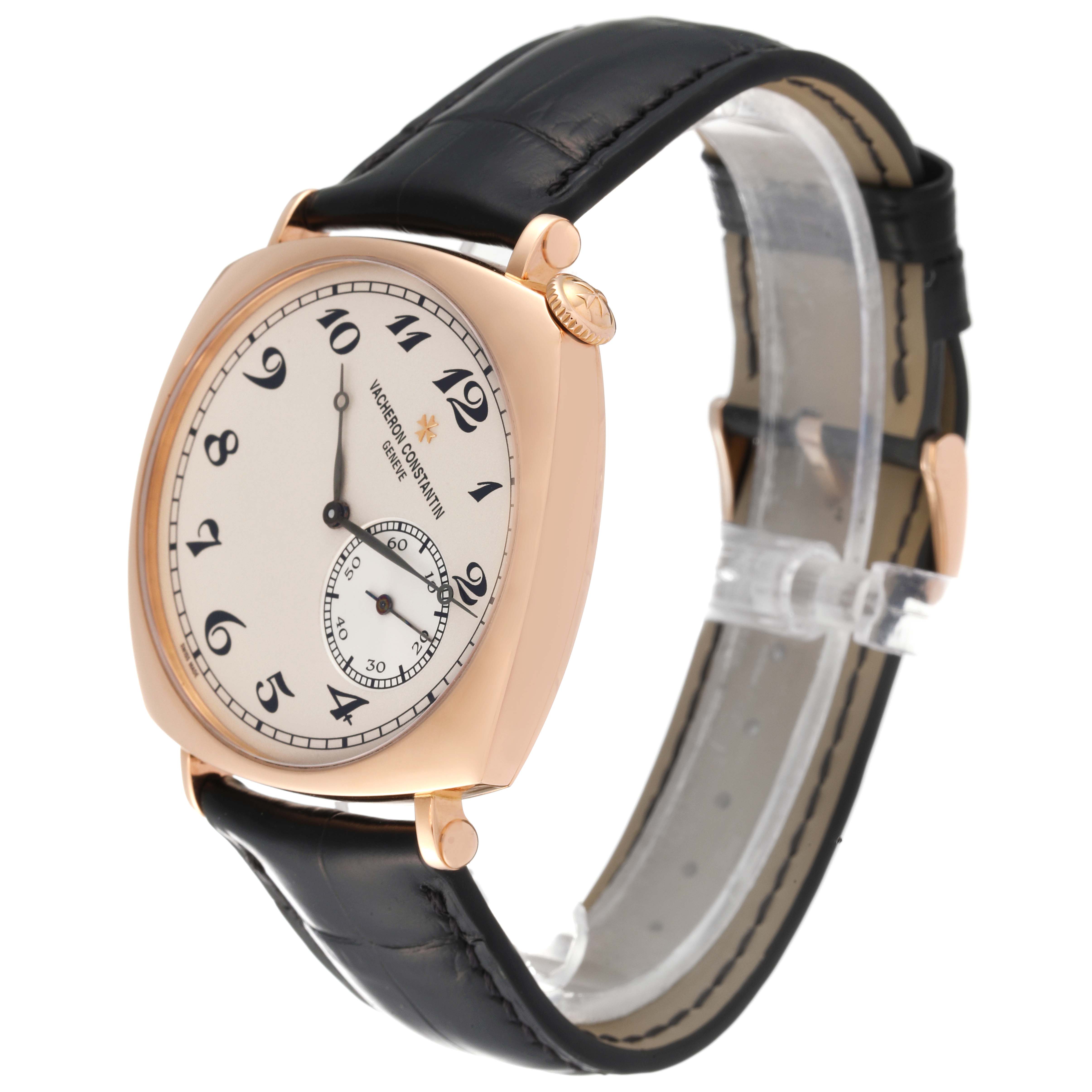 This Vacheron Constantin Historiques 82035000R-9359 Men's Rose Gold Silver Dial 82035000R-9359 Men's Rose Gold Silver Dial model watch is shown at a slight angle, displaying the face, leather strap, and crown.