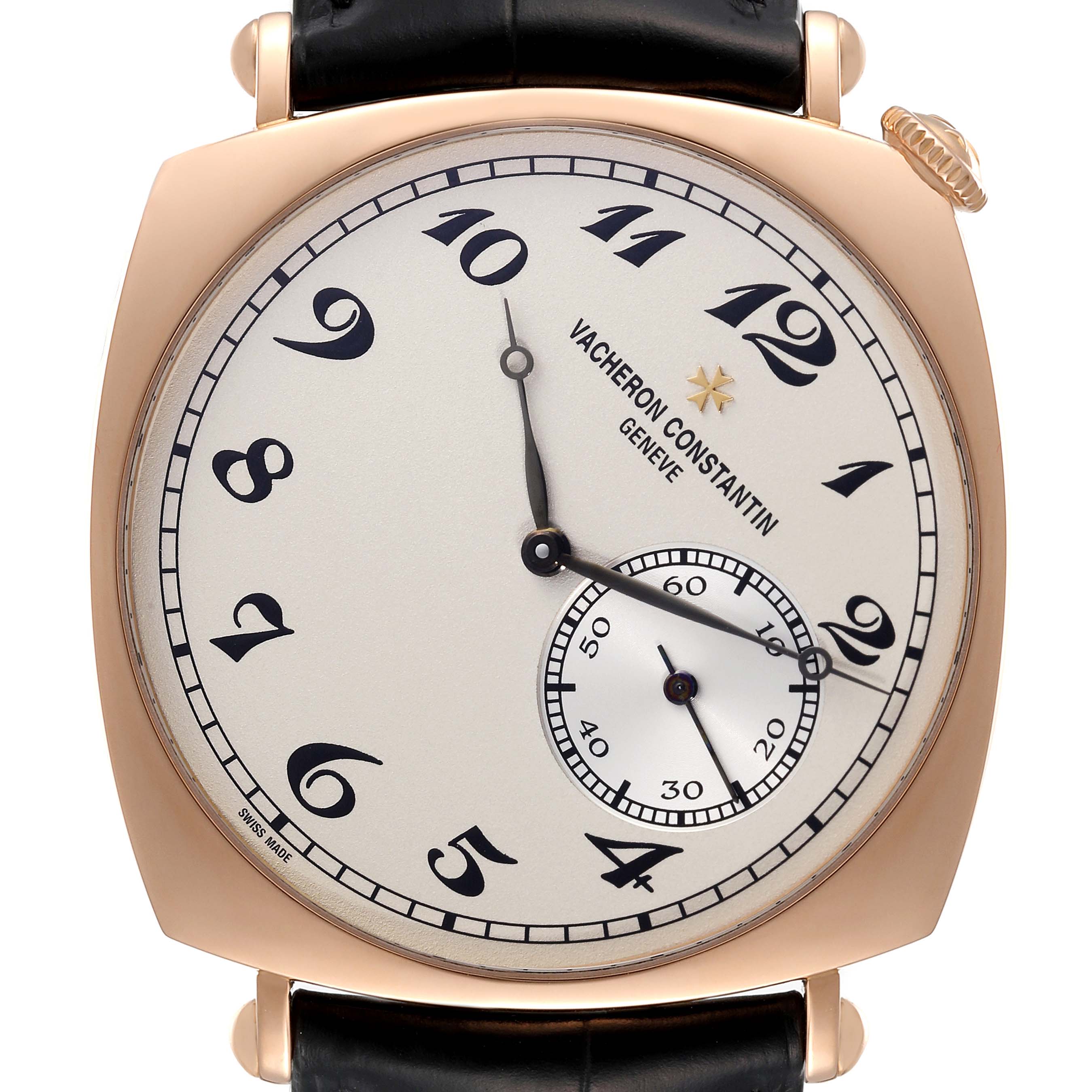 The image shows a front view of the Vacheron Constantin Historiques 82035000R-9359 Men's Rose Gold Silver Dial 82035000R-9359 Men's Rose Gold Silver Dial model watch, highlighting the dial and bezel.