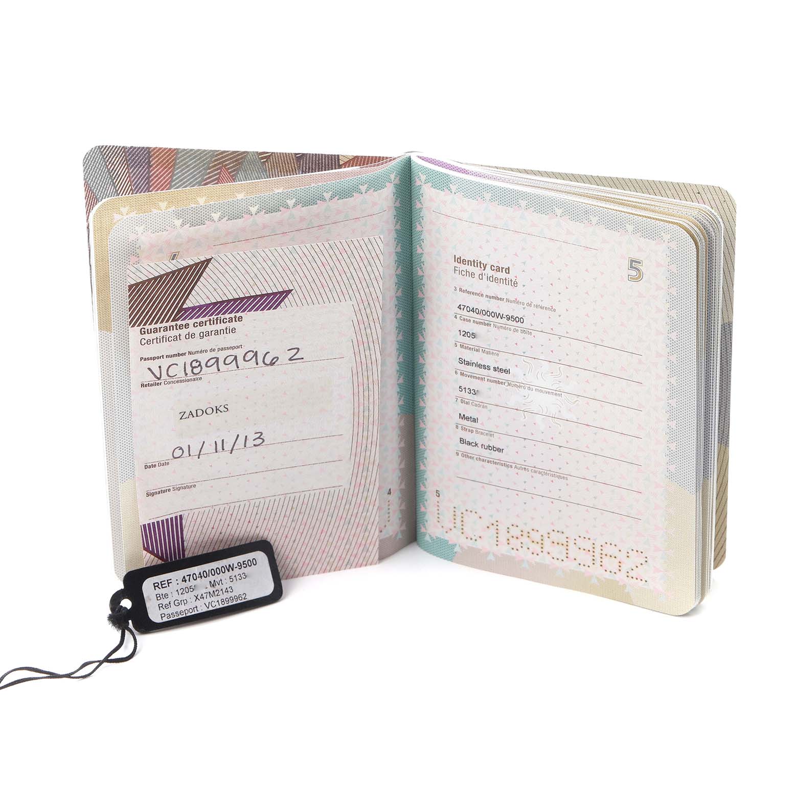 The image shows warranty papers and an identity card for a Vacheron Constantin Overseas model 47040 men's watch, including detailed specifications.