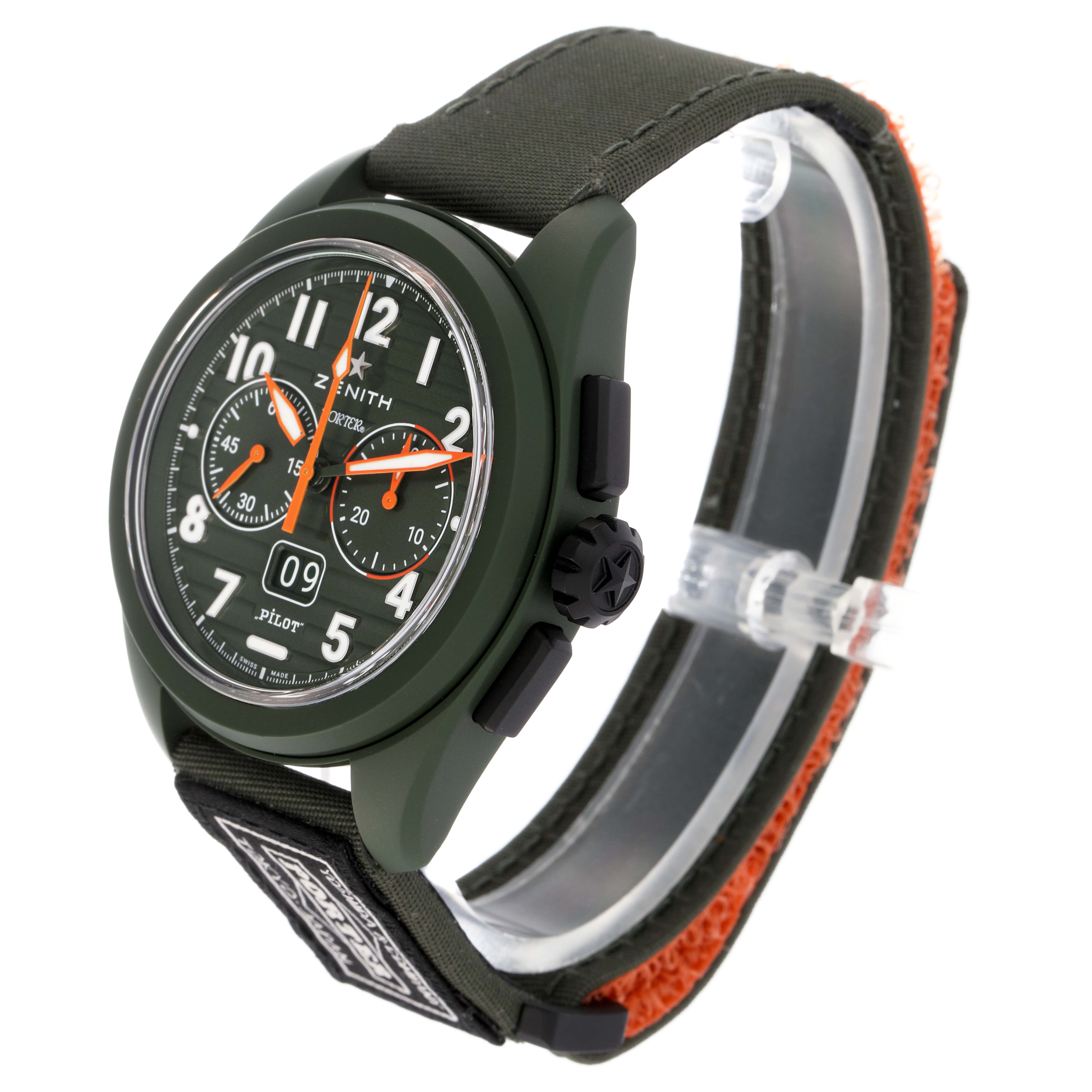 The Zenith Pilot model 49.4001.3652 is shown from a side angle, highlighting the green case, black crown, dial, and strap with orange accents.