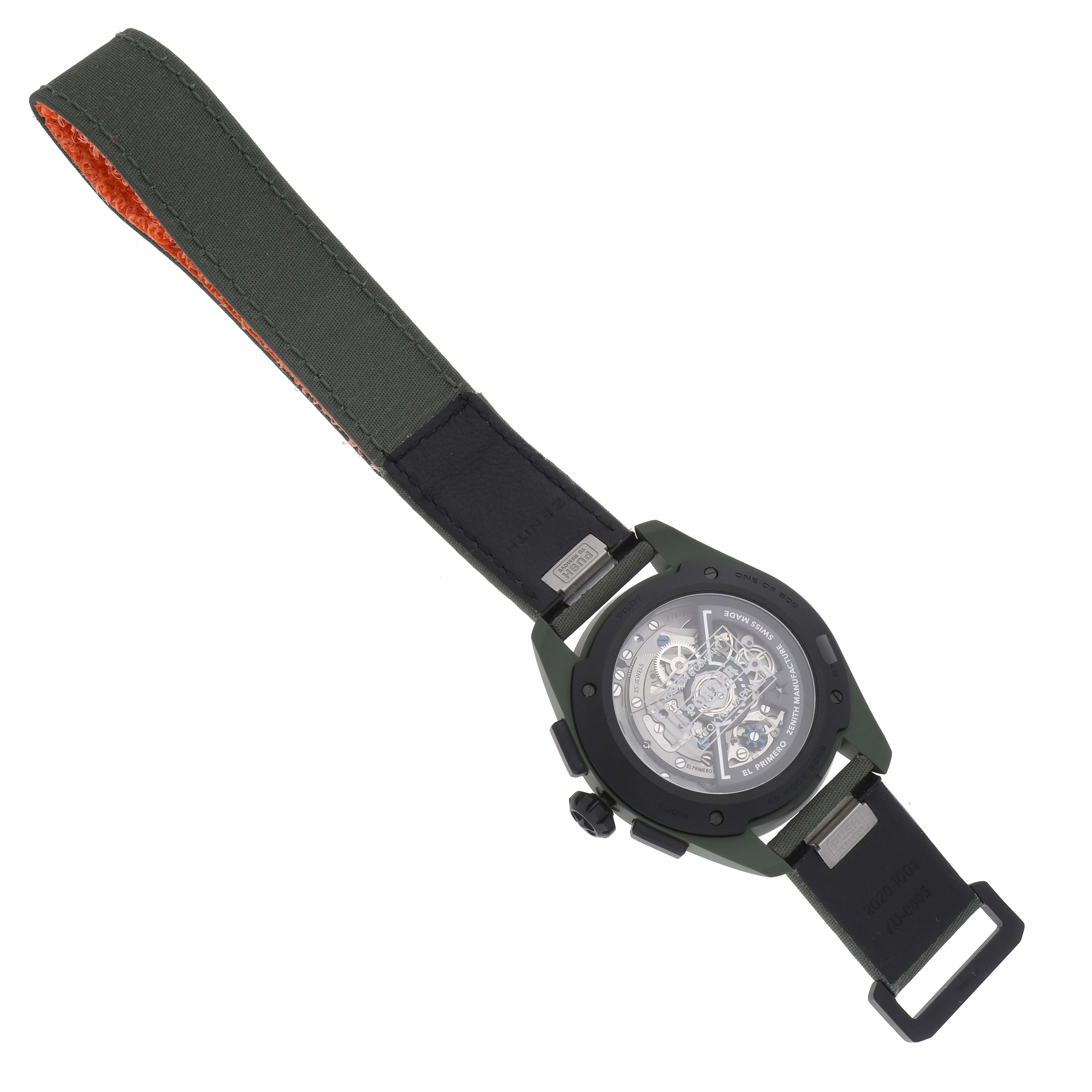 The image shows the Zenith Pilot model 49.4001.3652 from the back, highlighting the transparent case back and partially extended strap.