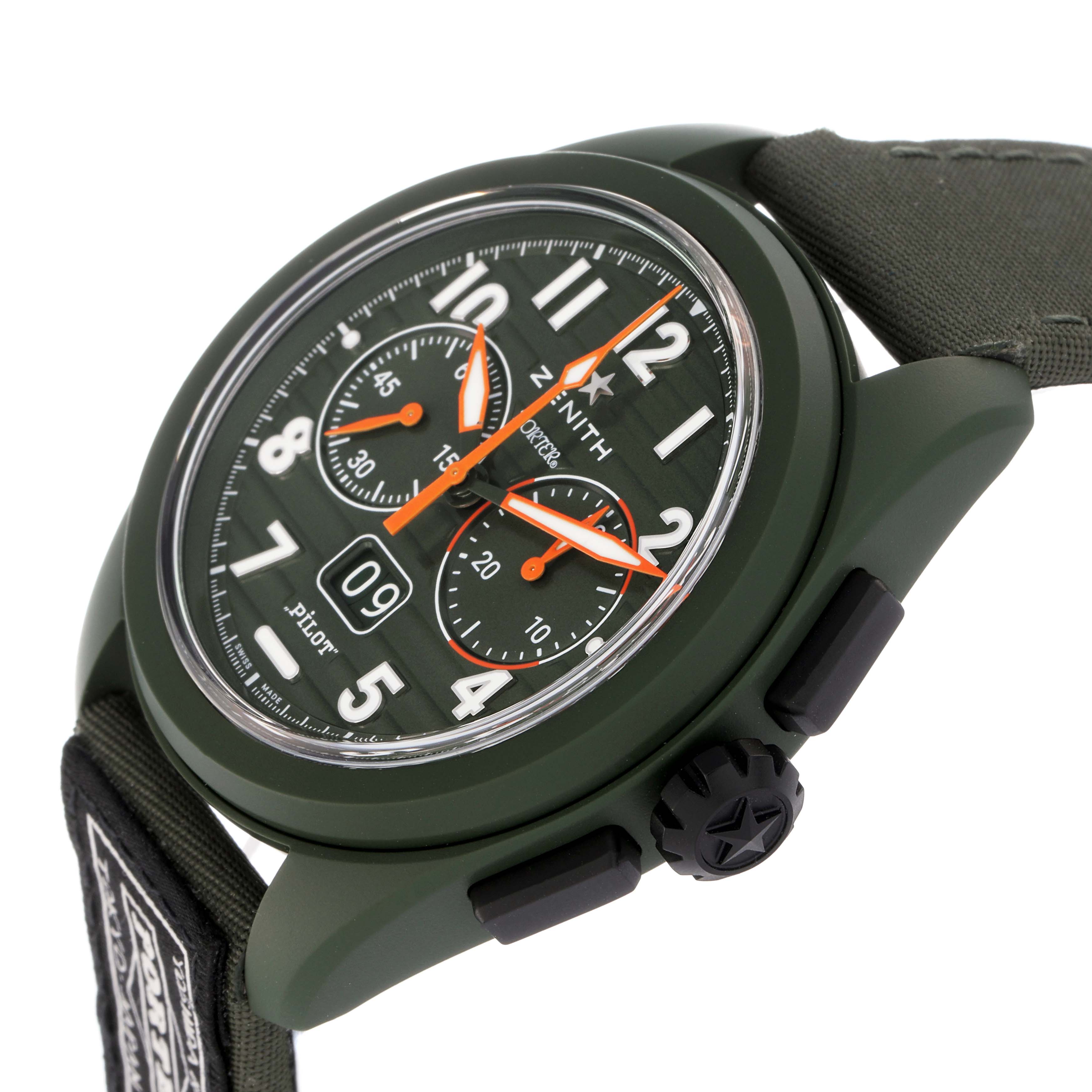 The Zenith Pilot 49.4001.3652 is shown at an angled side view, highlighting the dial, crown, pushers, and strap.