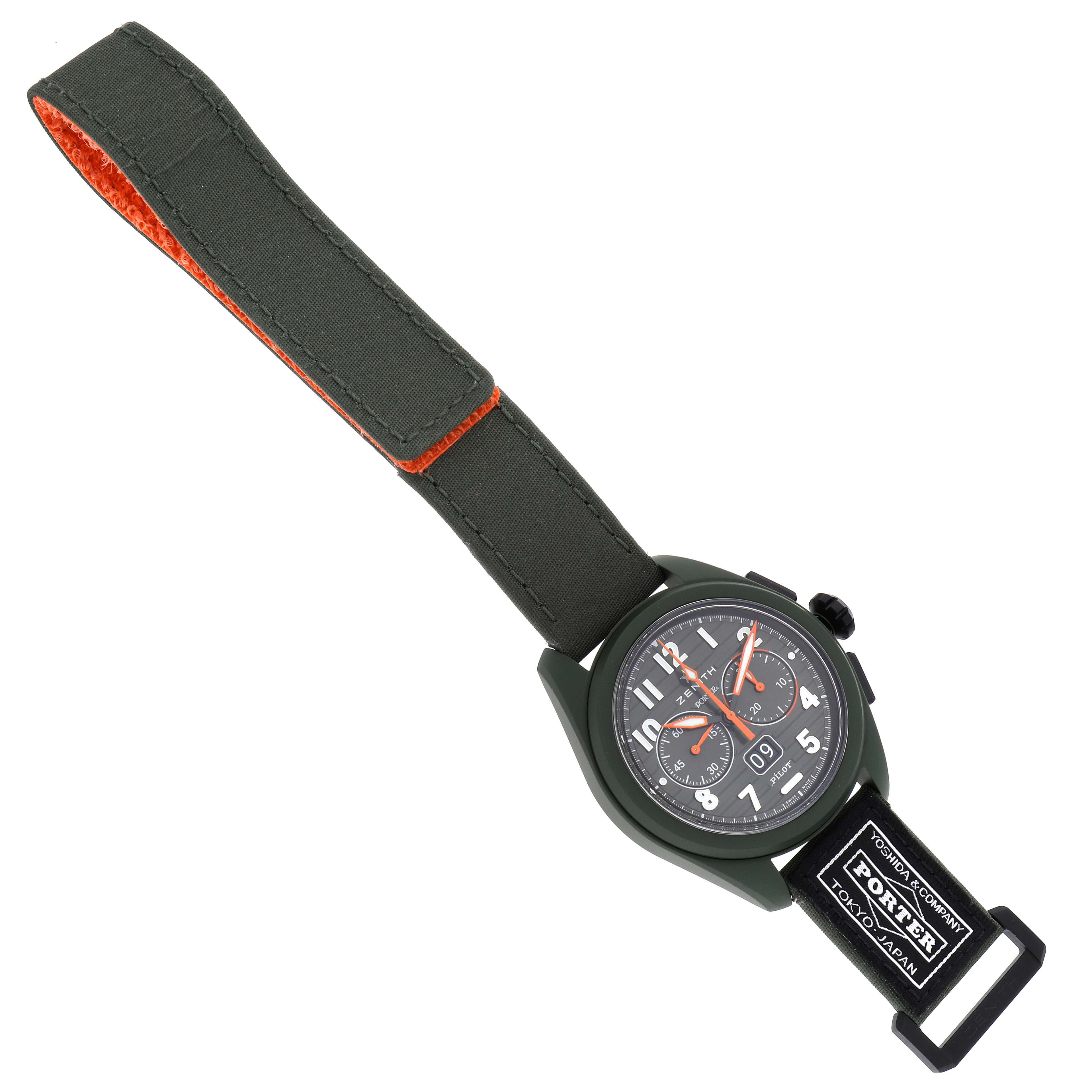 The image shows a Zenith Pilot model watch, model number 49.4001.3652, from an angled top view displaying the face, strap, and buckle.