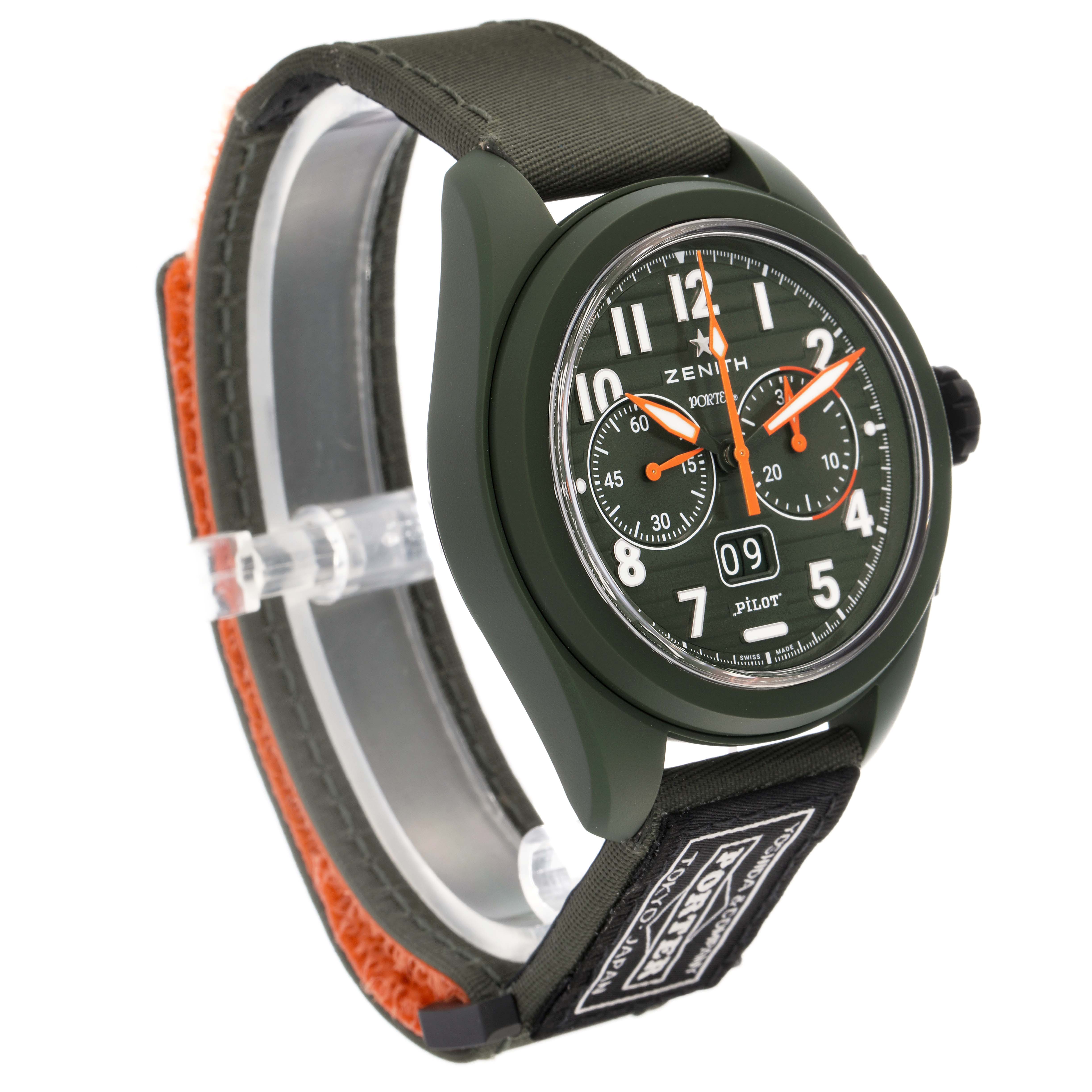 The Zenith Pilot model 49.4001.3652 is shown at a right-side angle, displaying the face, strap, and side of the men's watch.