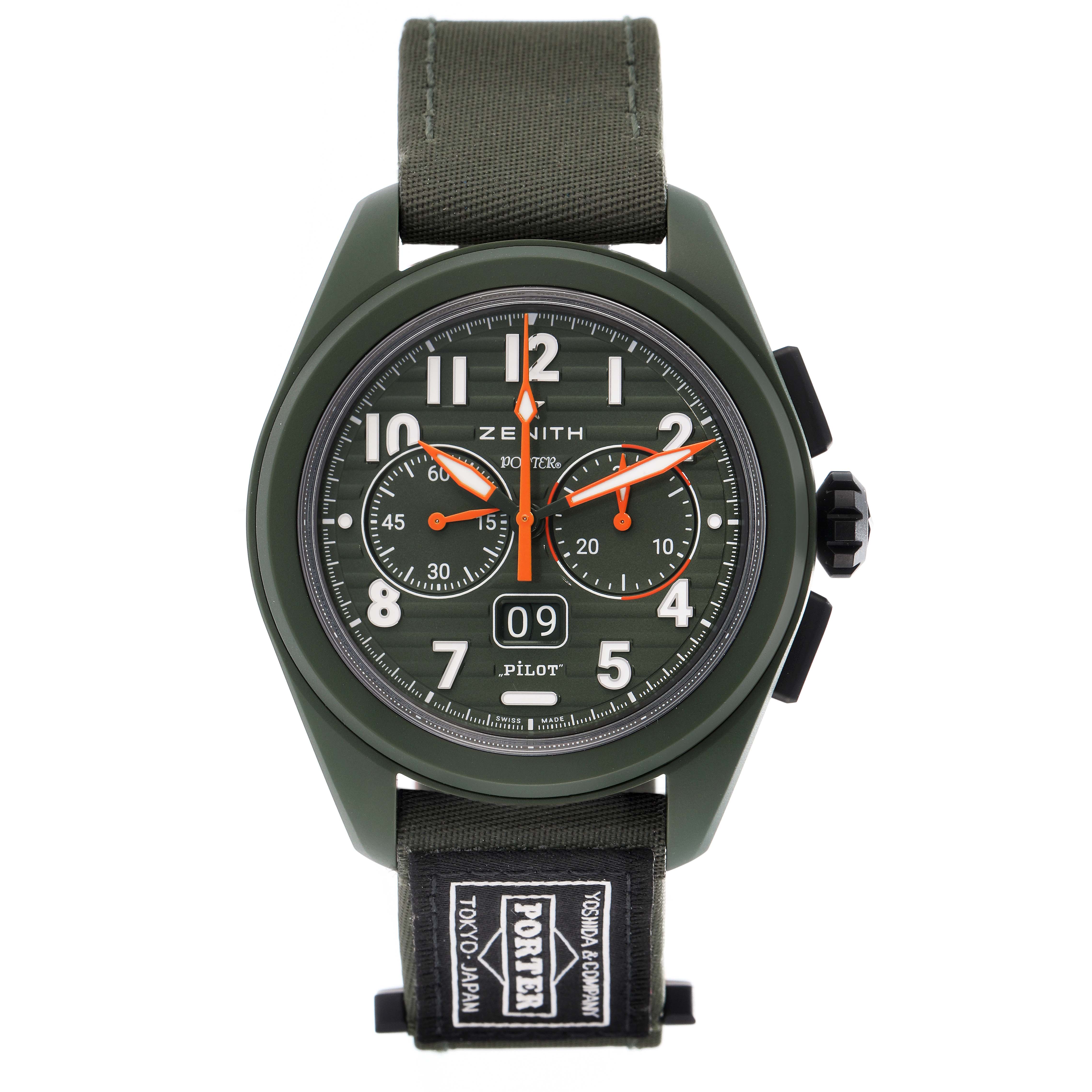 The Zenith Pilot model 49.4001.3652 men's watch is shown from the front, highlighting the dial, chronograph subdials, case, and strap.