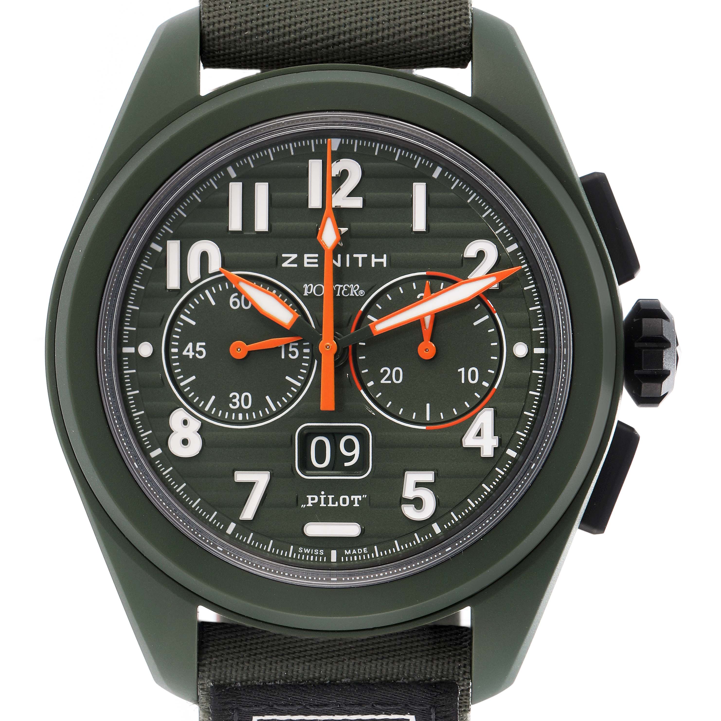 The Zenith Pilot watch, model 49.4001.3652, is shown from the front, featuring its dial, hands, crown, and strap.