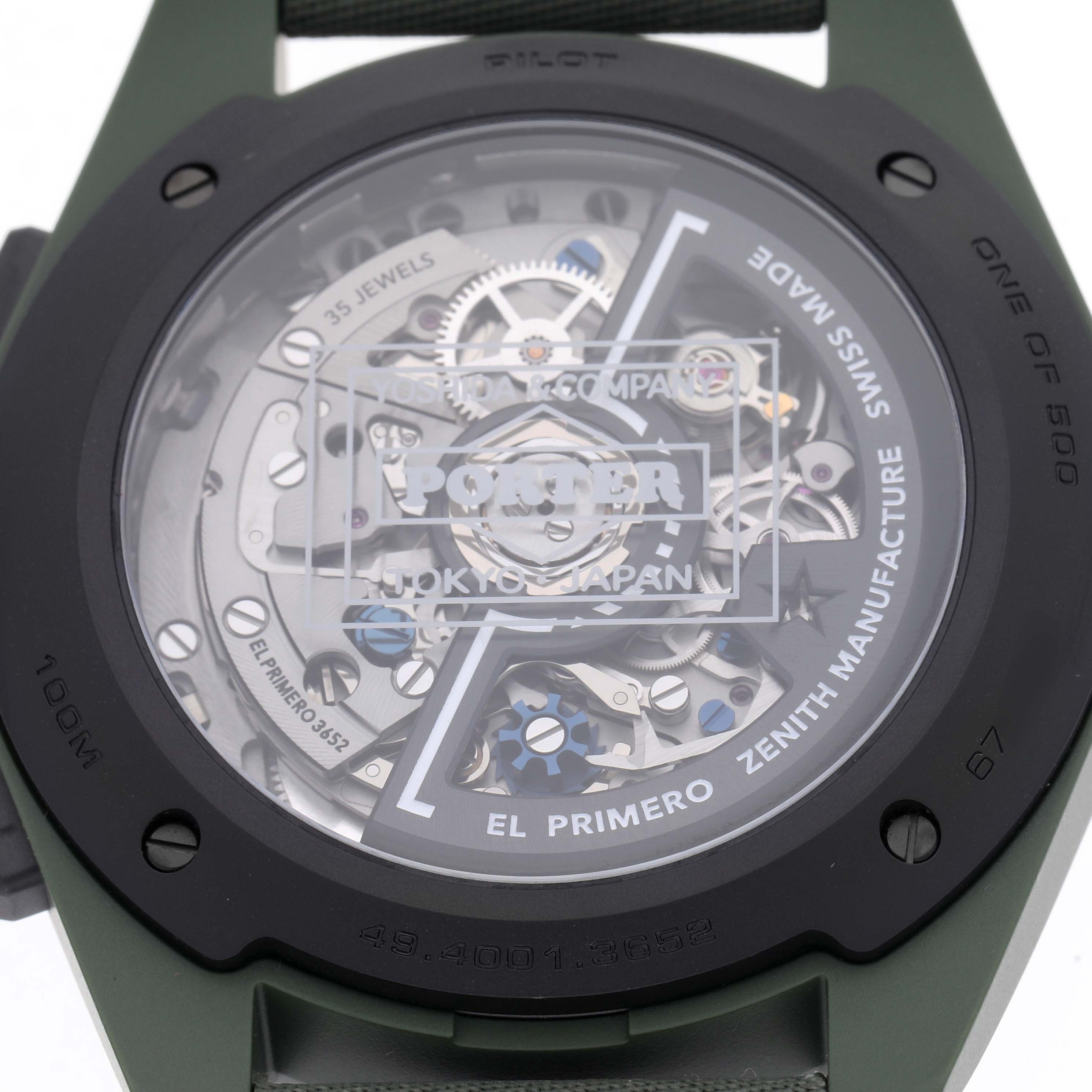 The image shows the back of a Zenith Pilot model (49.4001.3652) men's watch, highlighting the intricate movement and visible gears.