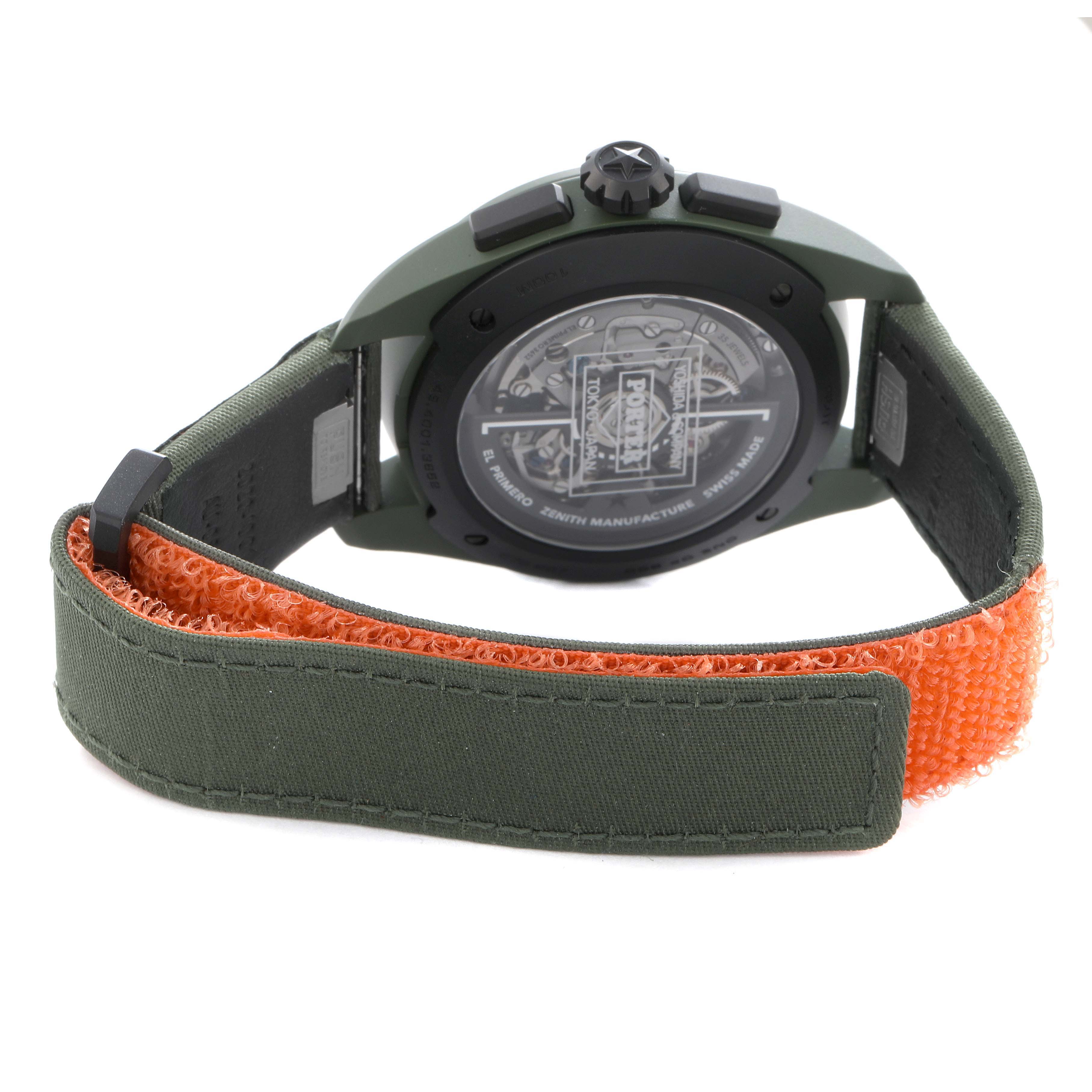 The image shows the back and side view of a Zenith Pilot model 49.4001.3652 men's watch, highlighting the case back, crown, and strap.