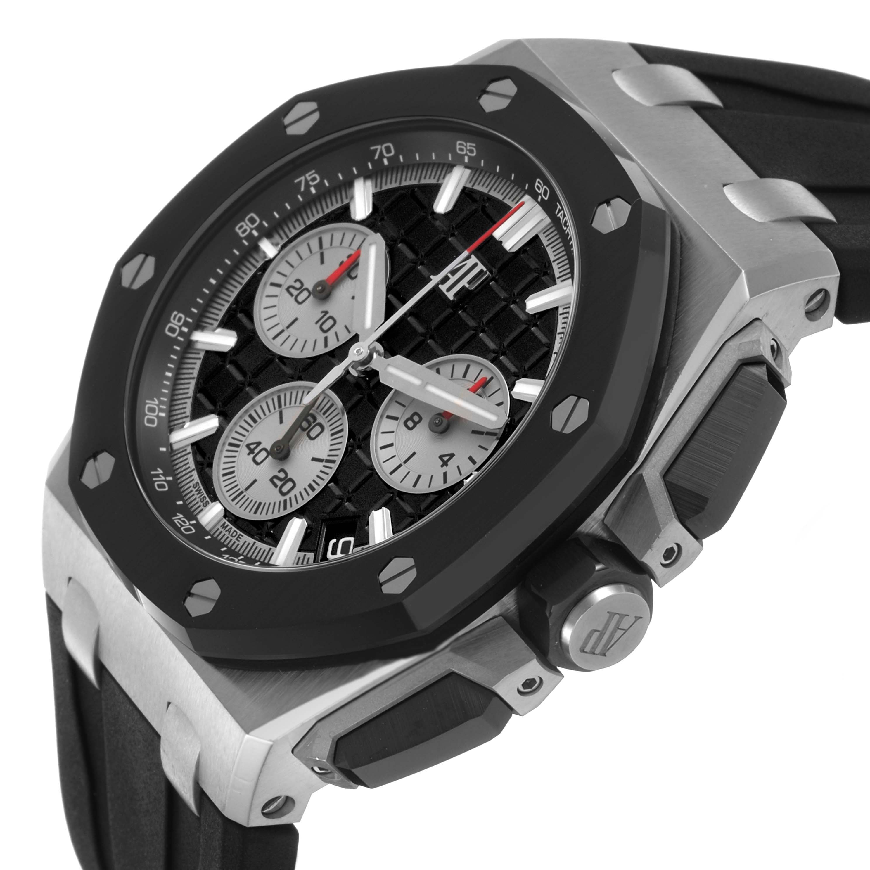 The Royal Oak Offshore by Audemars Piguet is shown at an angle highlighting the bezel, chronograph dials, and rubber strap.