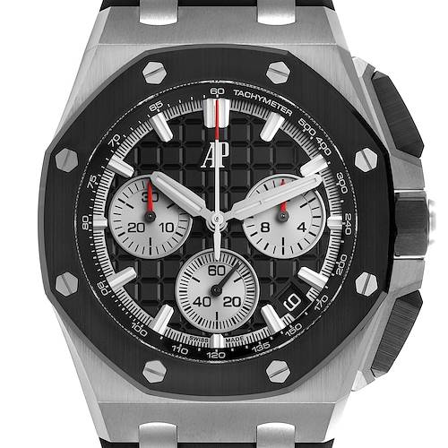 The image shows a frontal view of the Audemars Piguet Royal Oak Offshore 26420SO.OO.A002CA.01 Men's Stainless Steel Black Dial watch, highlighting the dial, bezel, and subdials.