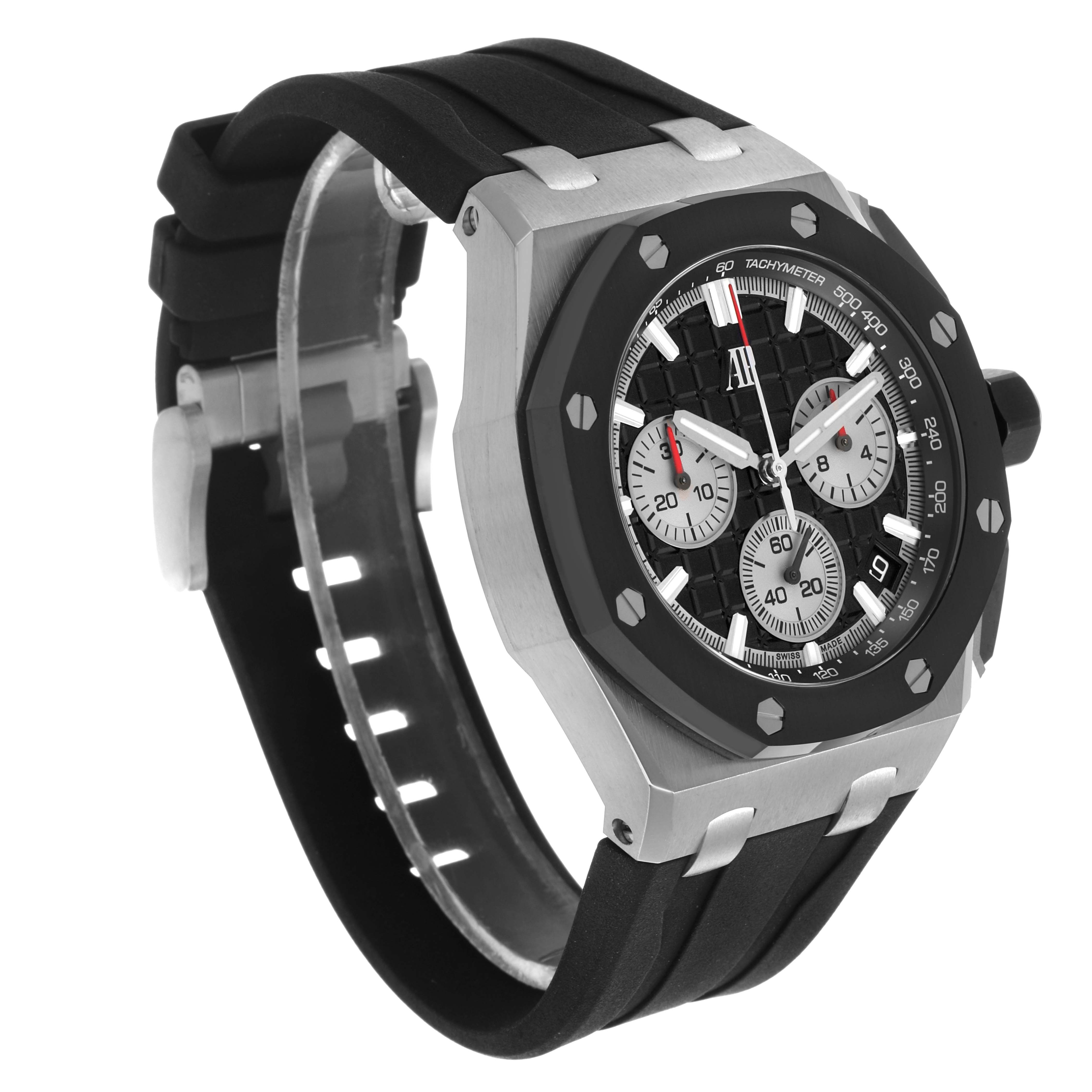 The image shows a side-angle view of the Audemars Piguet Royal Oak Offshore 26420SO.OO.A002CA.01 Men's Stainless Steel Black Dial watch, highlighting its case, dial, and strap.