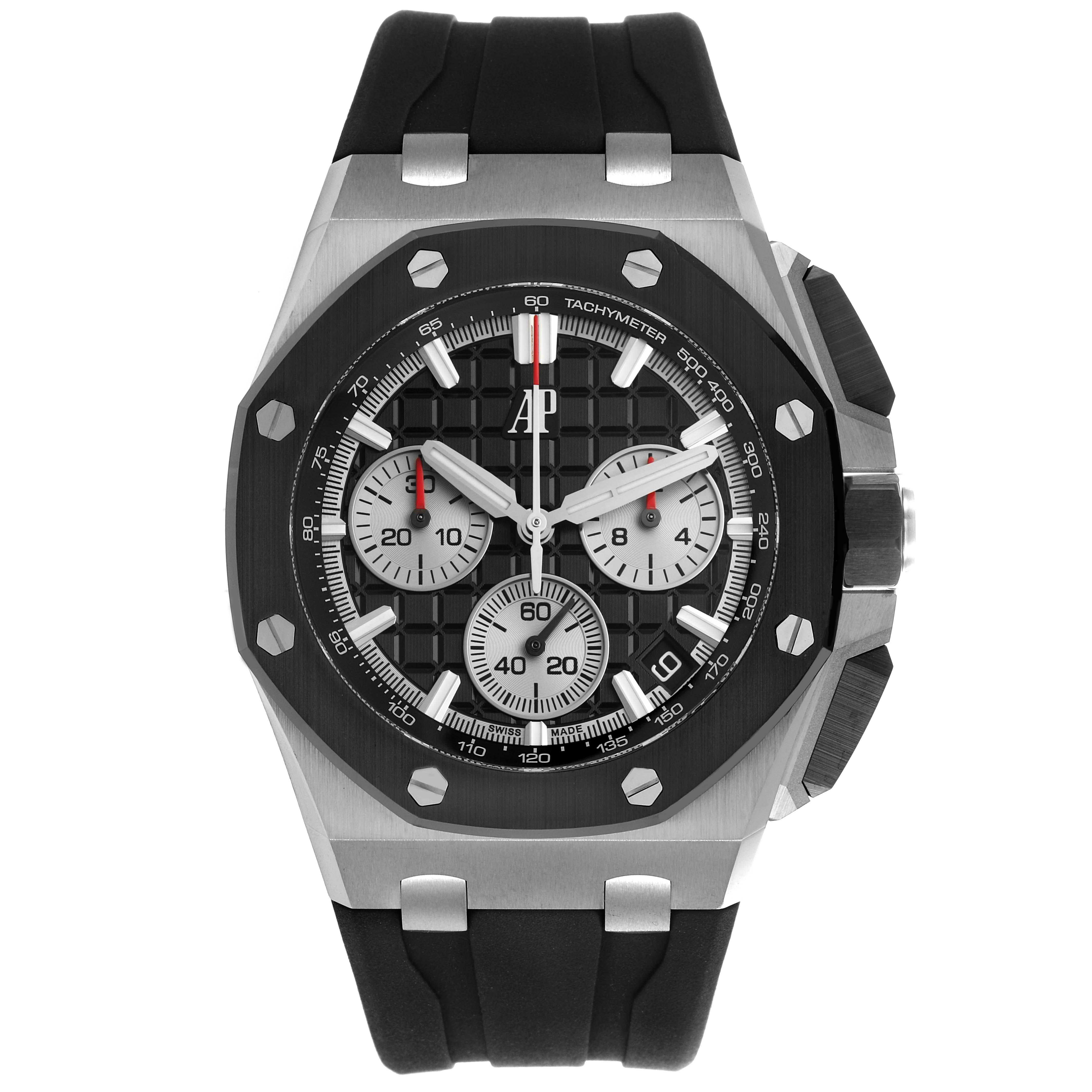The Royal Oak Offshore by Audemars Piguet is shown from the front, highlighting its case, dial, and strap.
