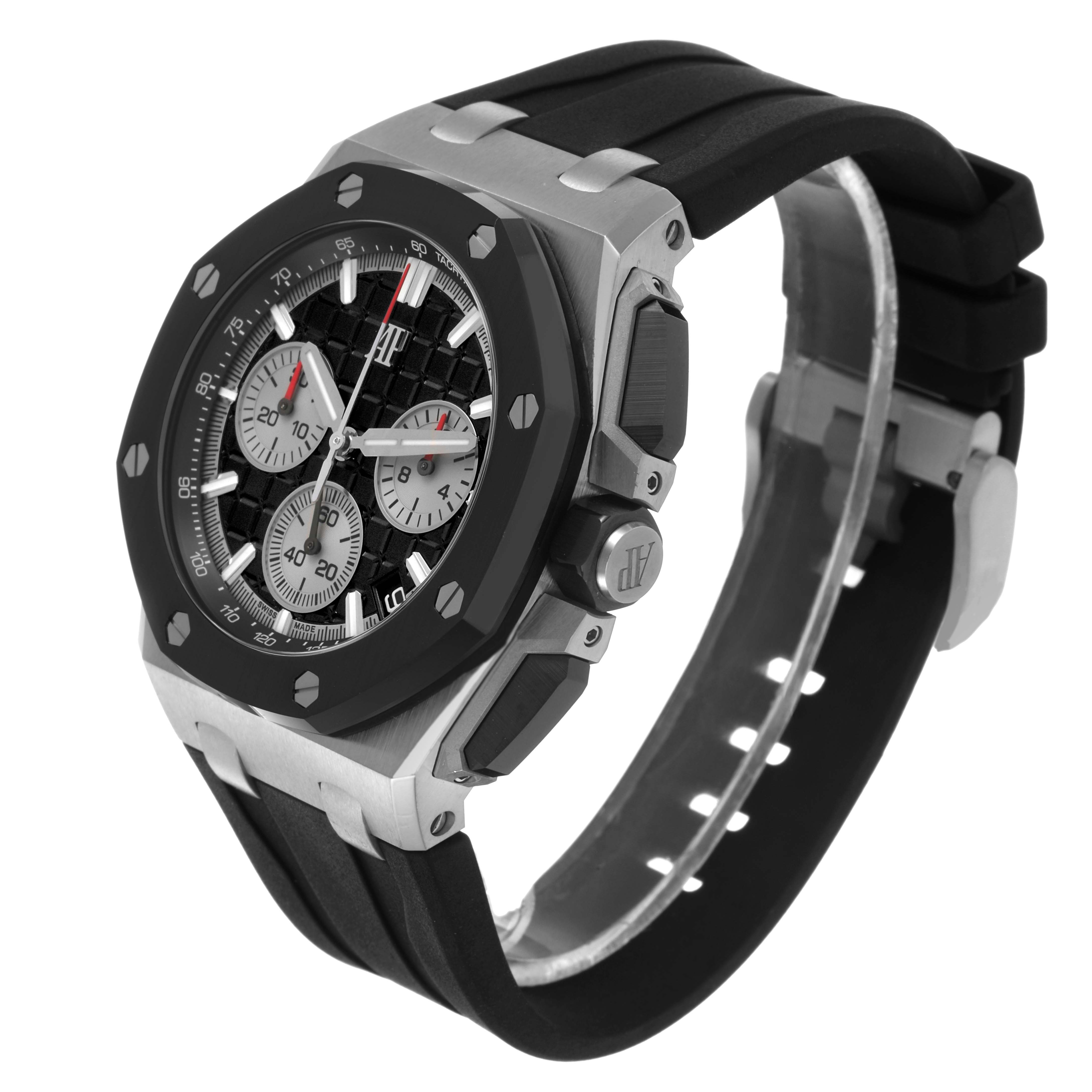The Audemars Piguet Royal Oak Offshore 26420SO.OO.A002CA.01 Men's Stainless Steel Black Dial watch is shown from a three-quarter angle highlighting the face, bezel, case, and strap.