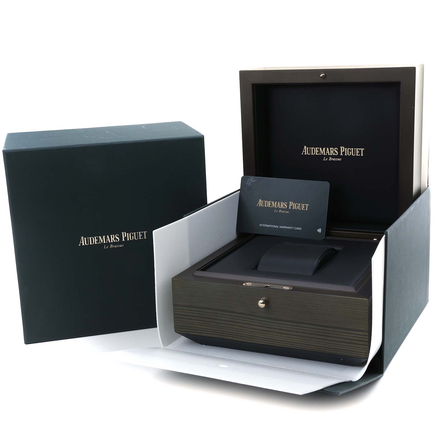 The image shows the Audemars Piguet Royal Oak Offshore 26420SO.OO.A002CA.01 Men's Stainless Steel Black Dial box, warranty card, and outer packaging from a front angle.