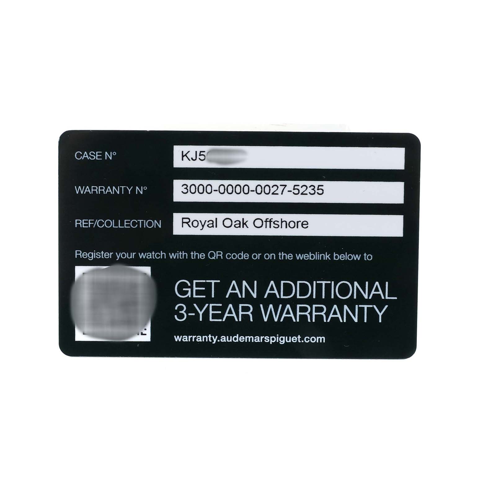 The image shows the warranty card for the Audemars Piguet Royal Oak Offshore 26420SO.OO.A002CA.01 Men's Stainless Steel Black Dial watch, detailing the case number and warranty details.