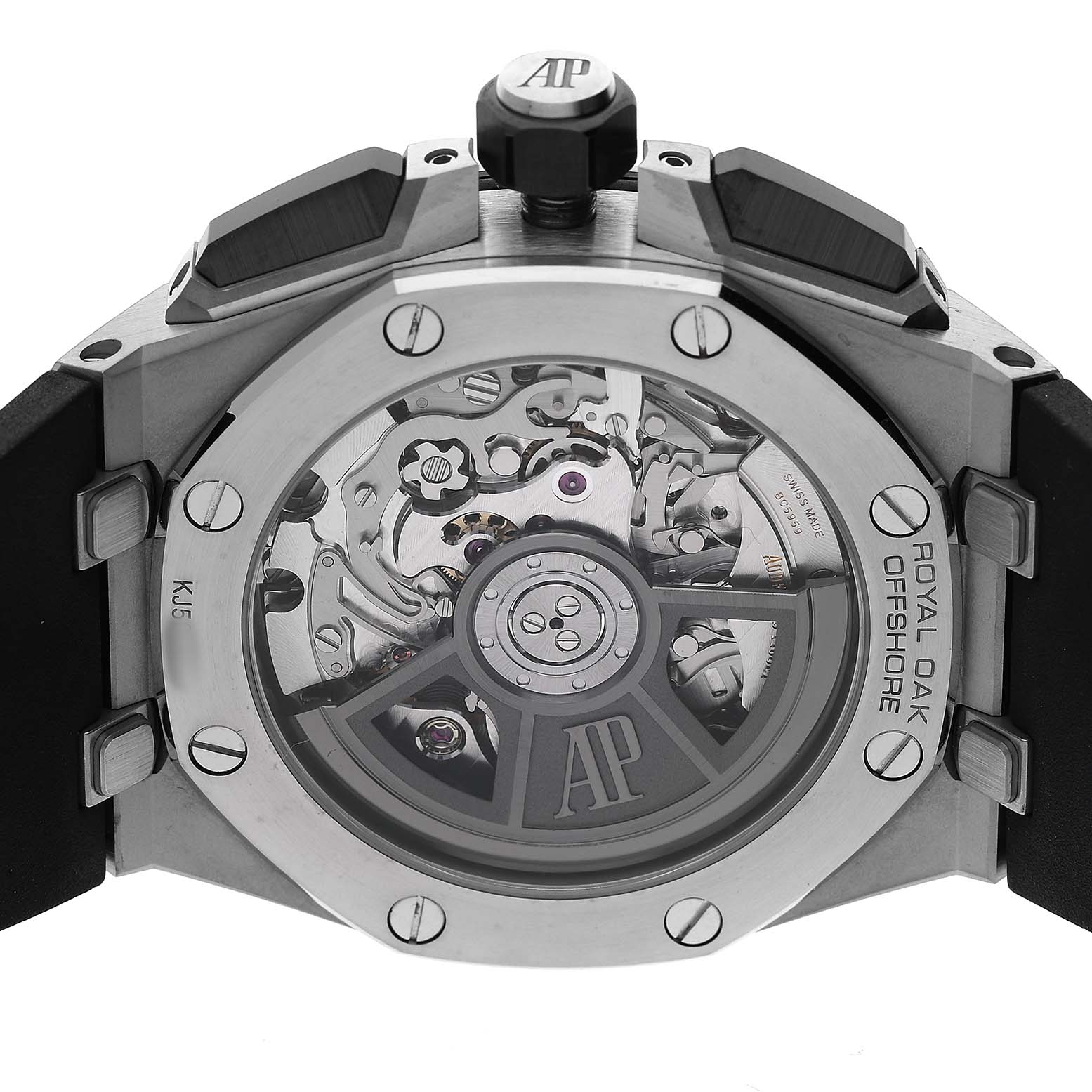 The image shows the back case of a Royal Oak Offshore by Audemars Piguet, highlighting the visible movement and rotor.