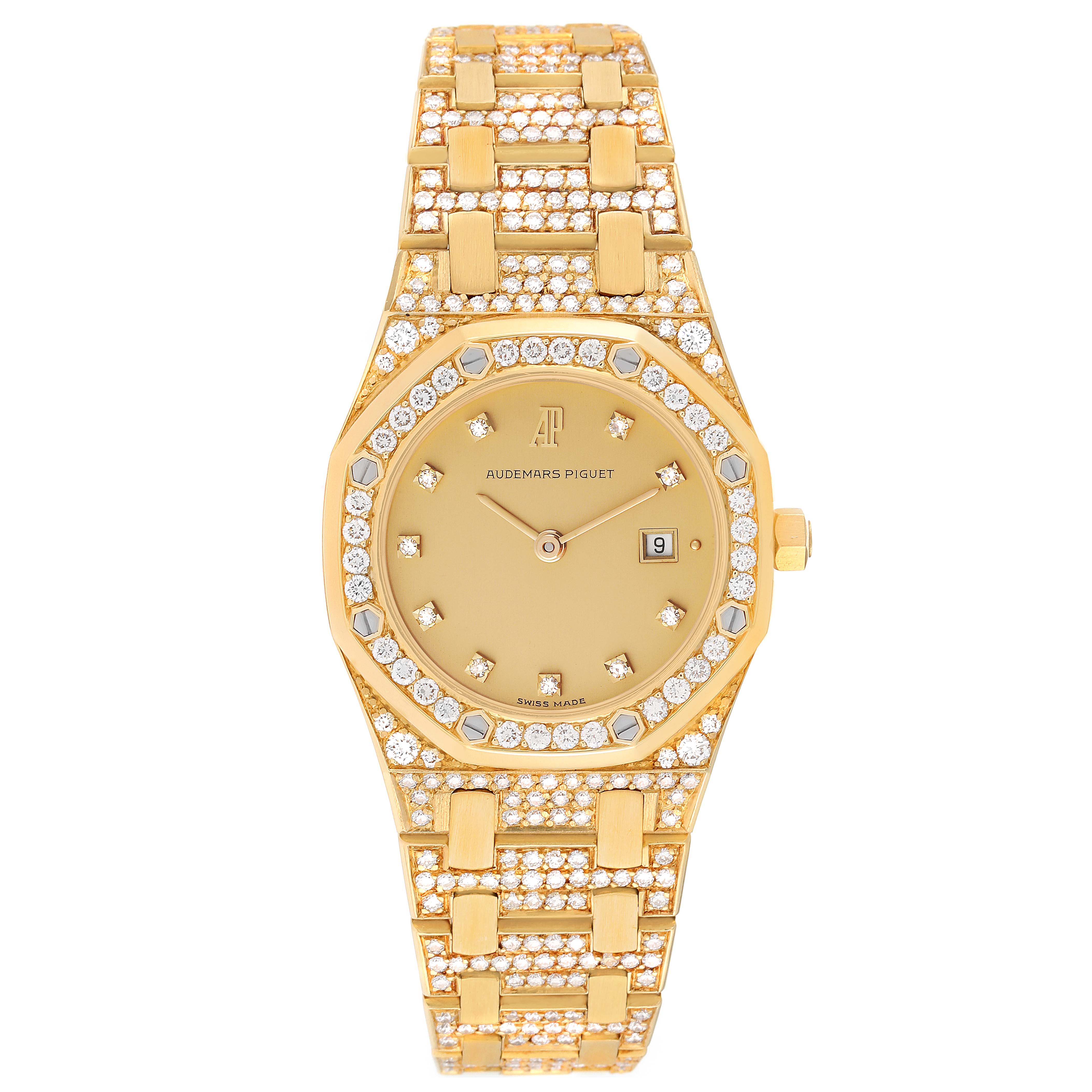 This image shows a full frontal view of an Audemars Piguet Royal Oak Women's Yellow Gold Champagne Dial Women's Yellow Gold Champagne Dial watch with a gold case, diamond-studded bezel, and bracelet.
