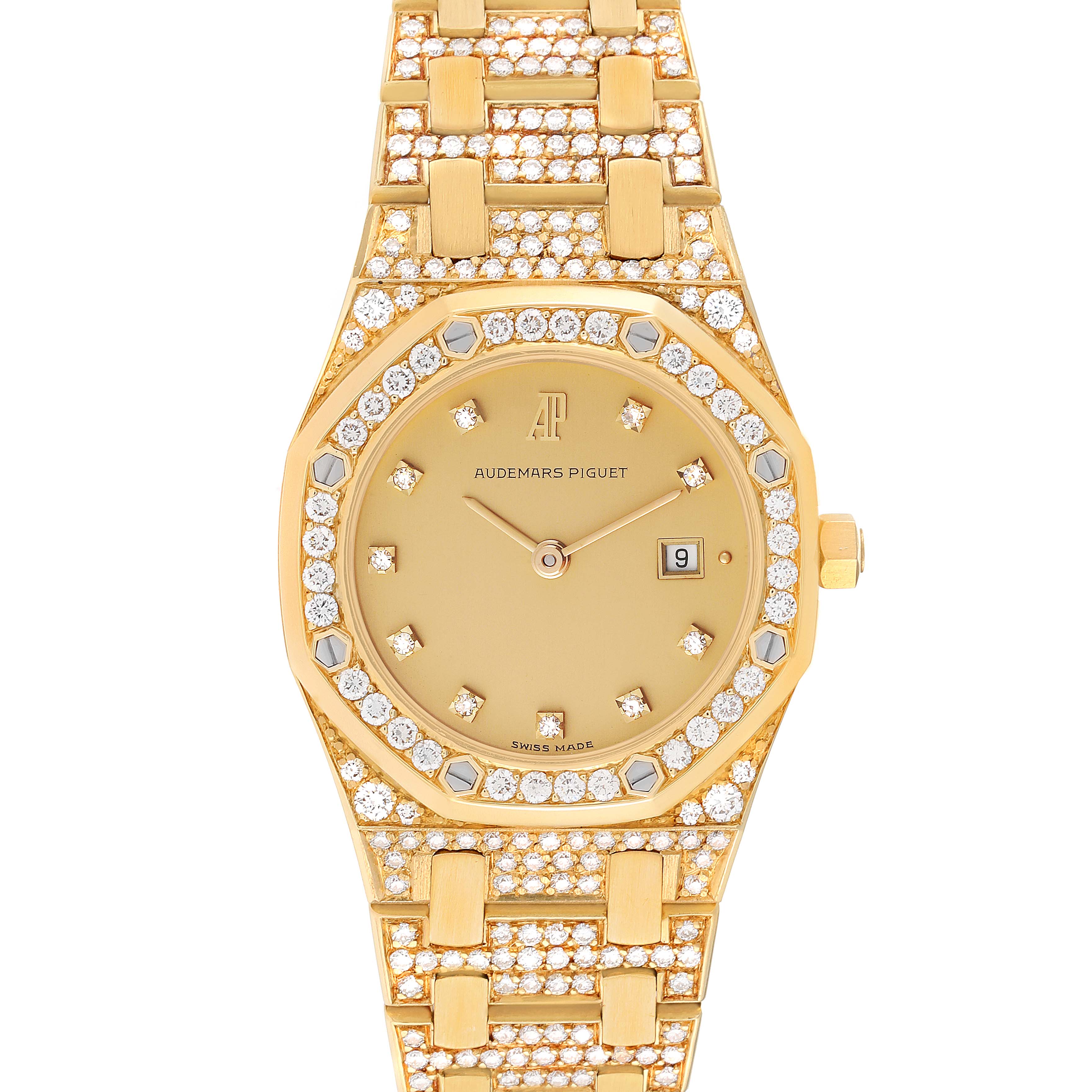This image shows a front view of an Audemars Piguet Royal Oak Women's Yellow Gold Champagne Dial Women's Yellow Gold Champagne Dial watch with a gold case, diamond bezel, markers, and bracelet.