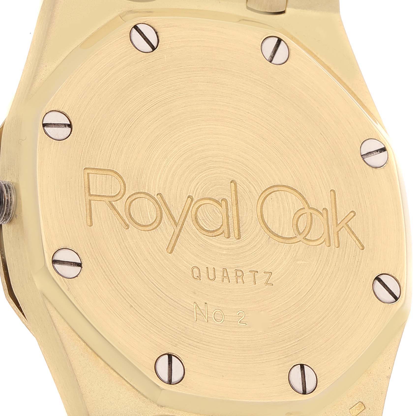 This is the back of a Royal Oak model watch by Audemars Piguet, showing the screws and engraved branding.