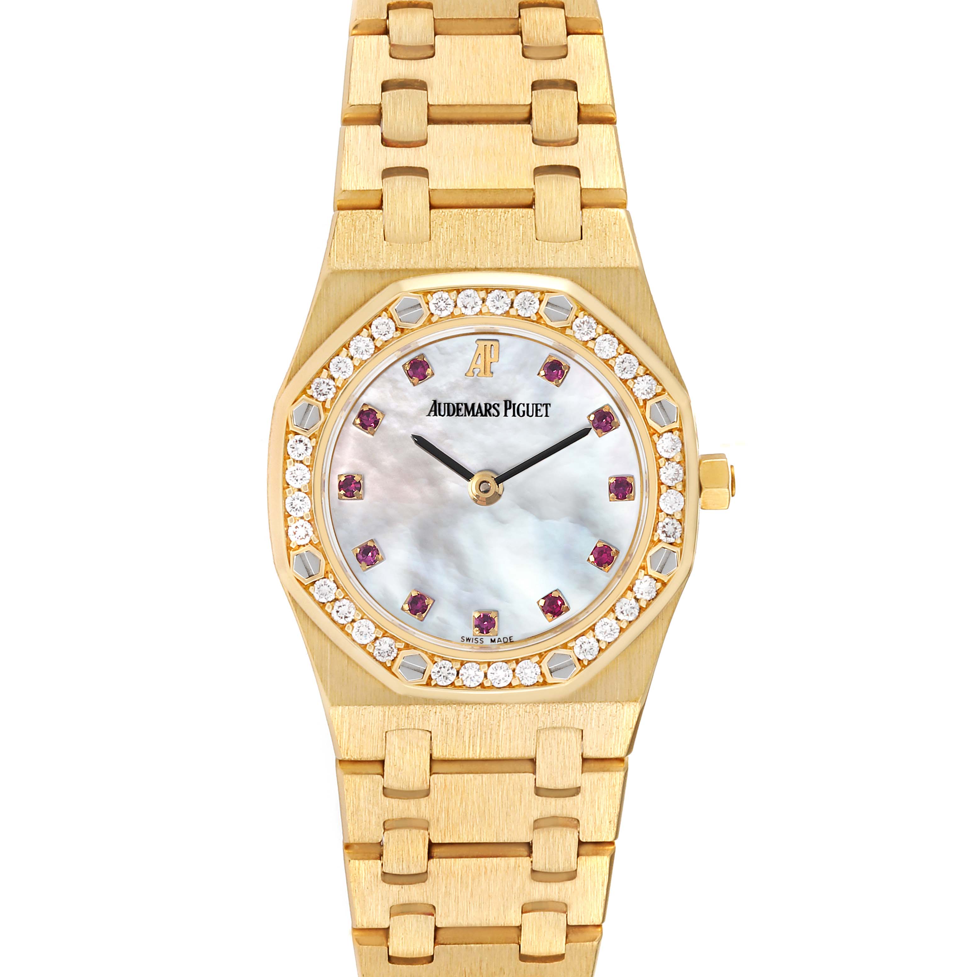 The image shows a frontal view of an Audemars Piguet Royal Oak 66344BA Women's Yellow Gold Mother of Pearl Dial 66344BA Women's Yellow Gold Mother of Pearl Dial watch, highlighting its face, bracelet, and bezel with diamonds.