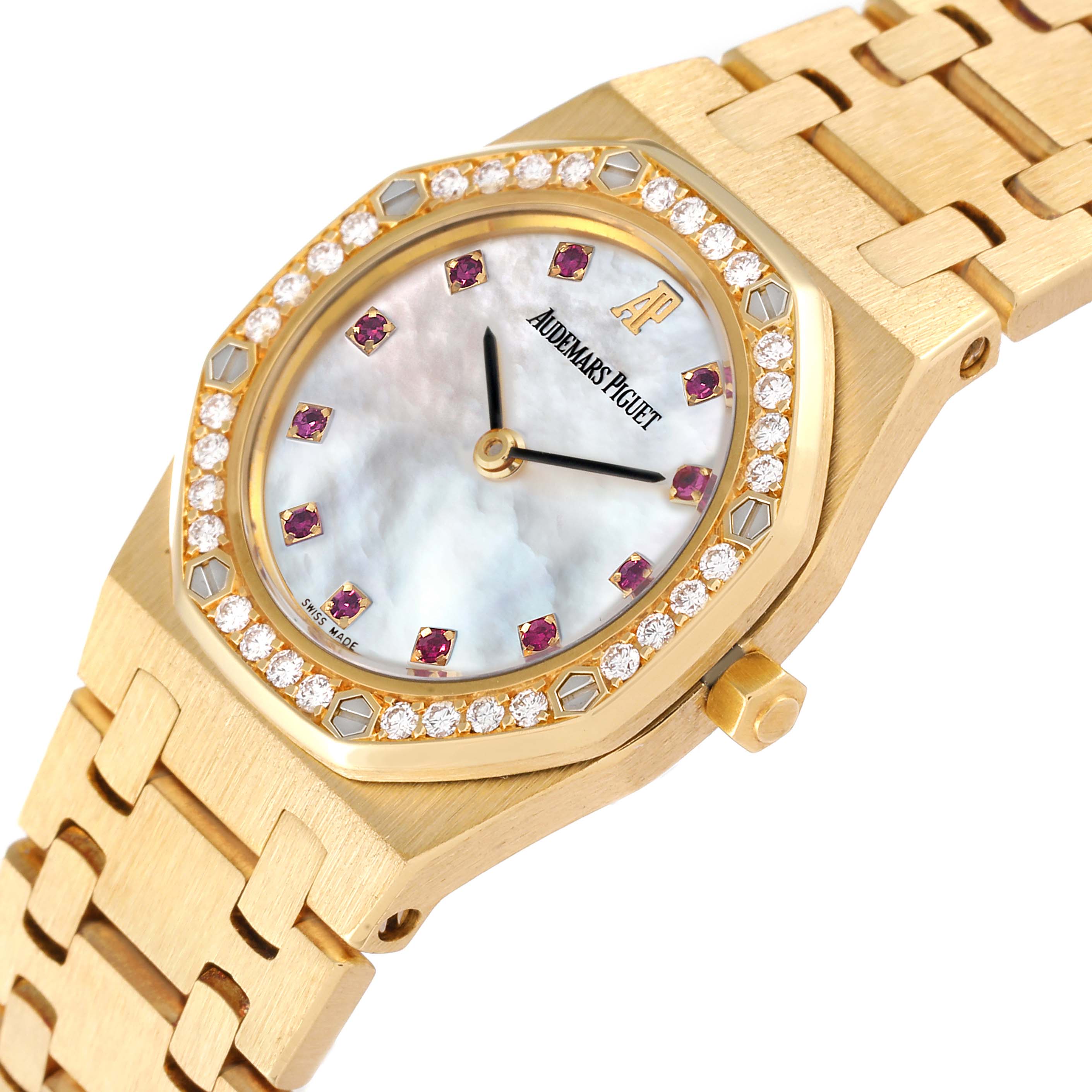 This image shows a close-up of the face, bezel, and portion of the bracelet of a gold Audemars Piguet Royal Oak 66344BA Women's Yellow Gold Mother of Pearl Dial 66344BA Women's Yellow Gold Mother of Pearl Dial watch.