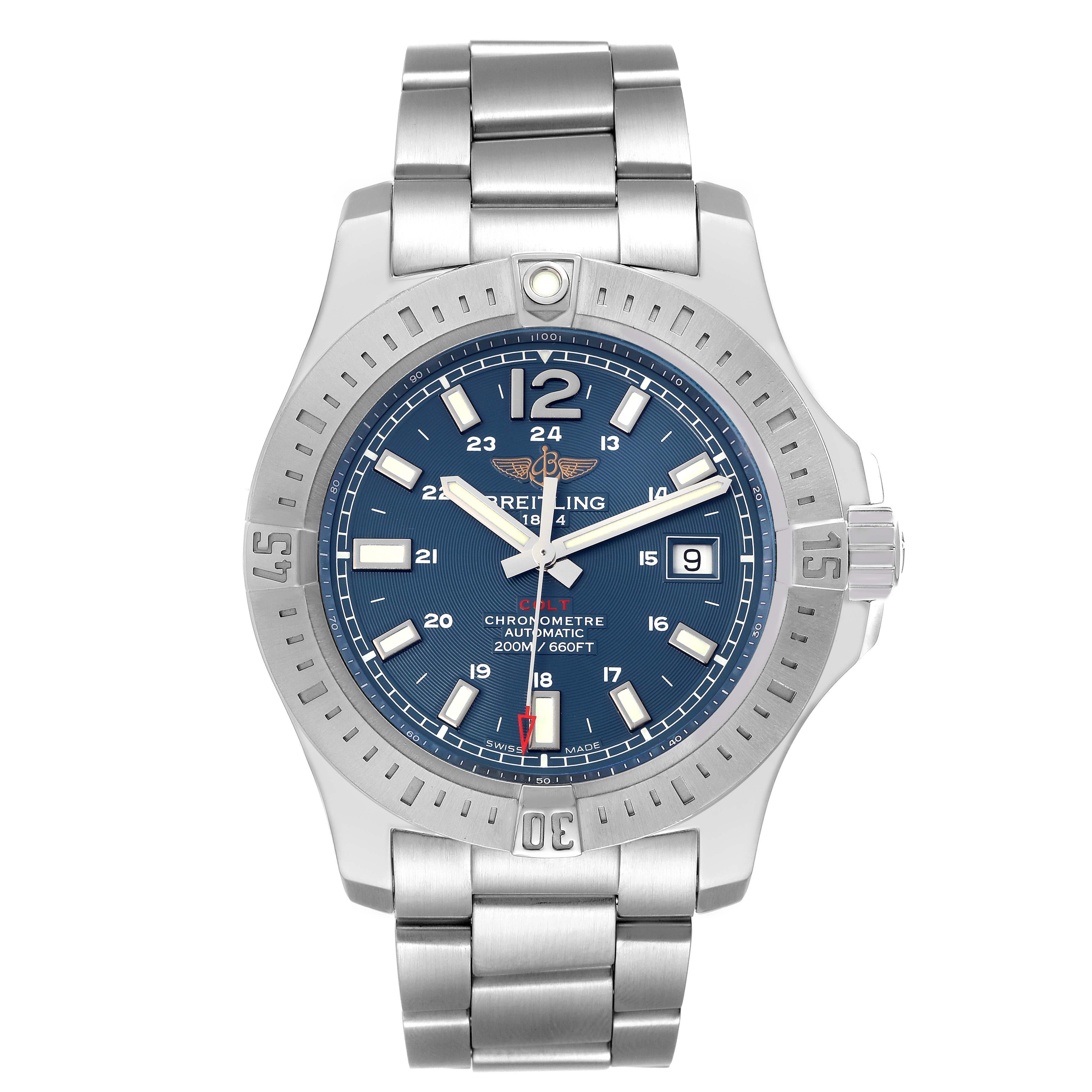The Breitling Colt A17388 men's watch is shown from the front, displaying the dial, bezel, bracelet, and crown.