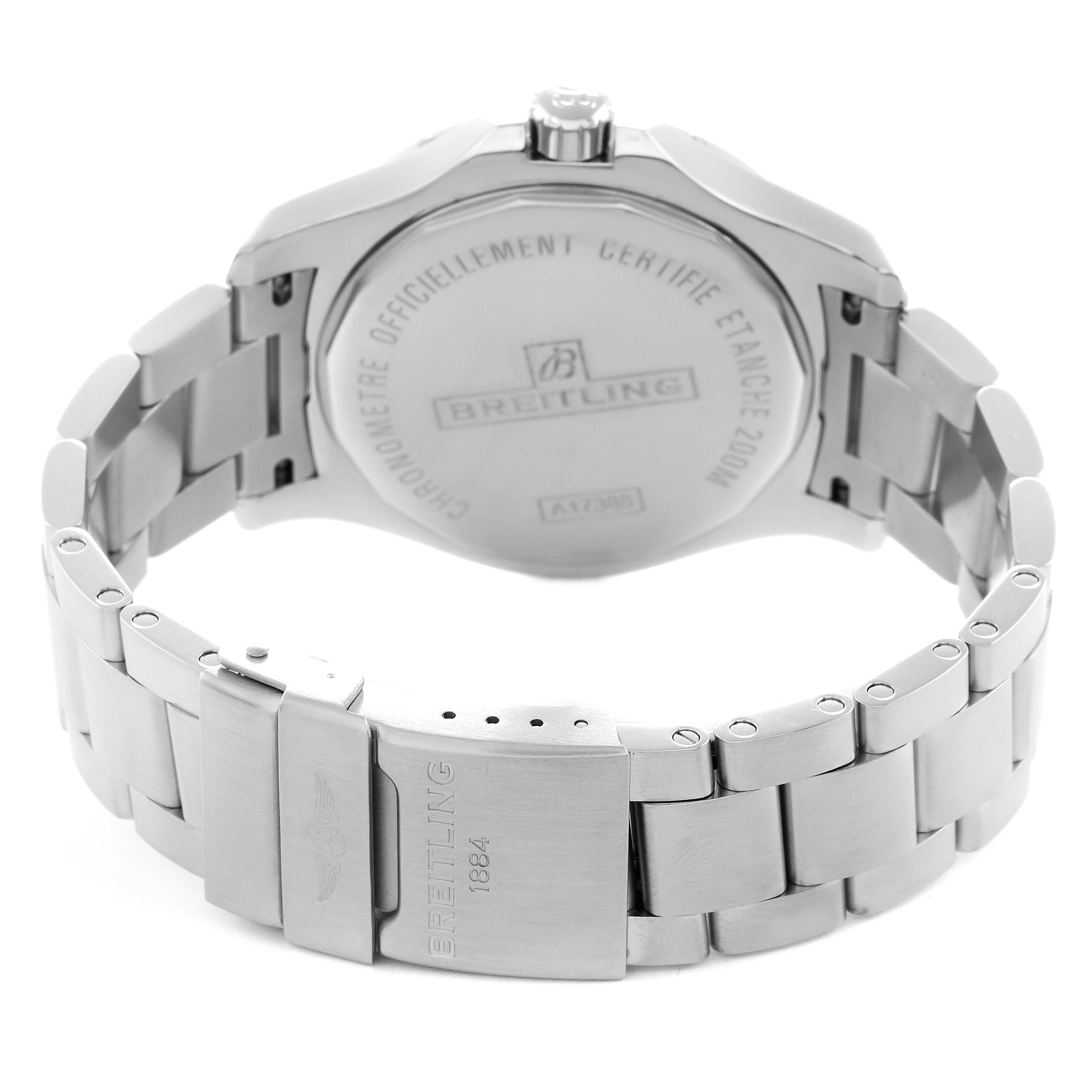 The image shows the back and clasp of a Breitling Colt model A17388 men's watch, highlighting the case back and metal bracelet.