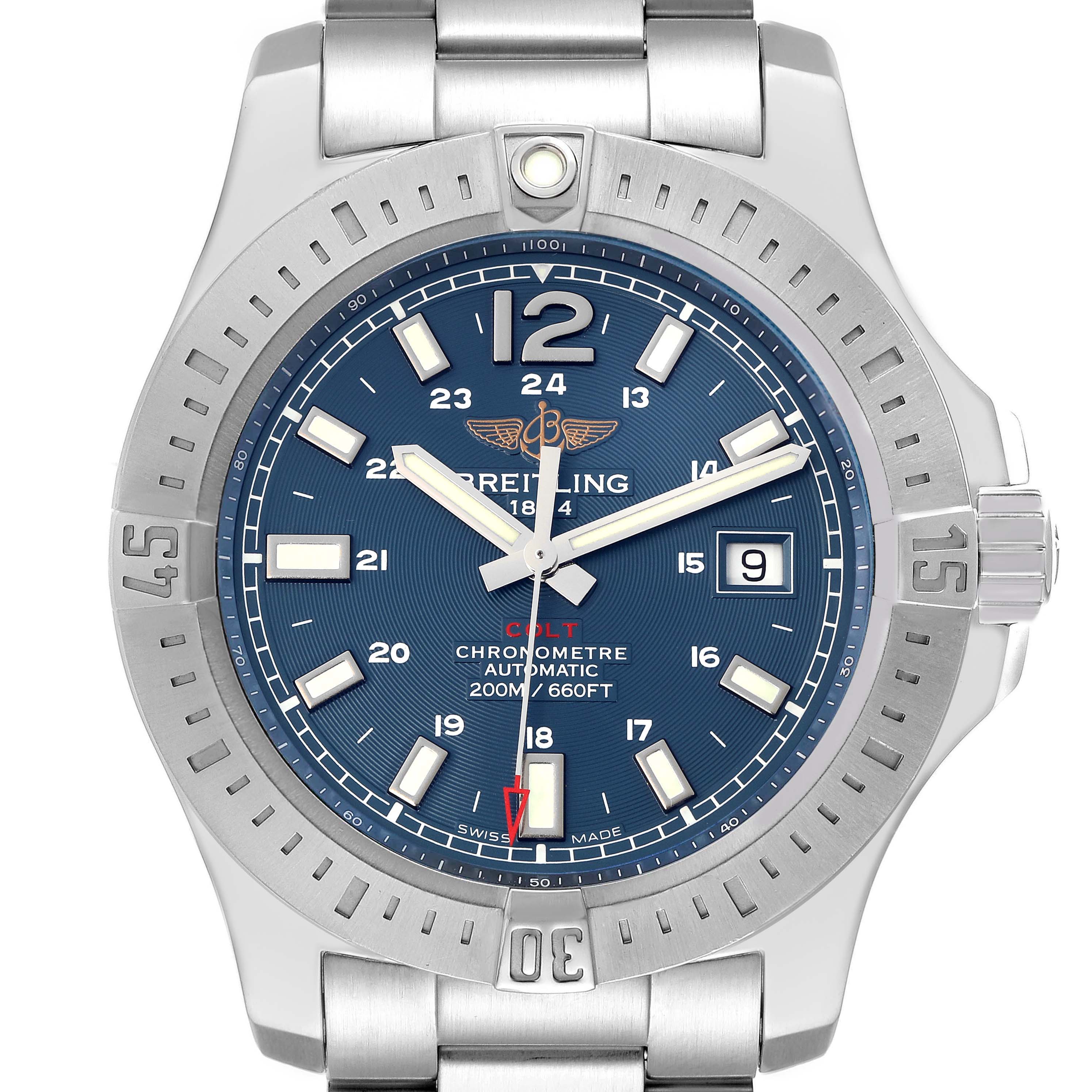 The Breitling Colt A17388 men's watch is shown from a top-down angle, displaying its face, bezel, and part of the bracelet.