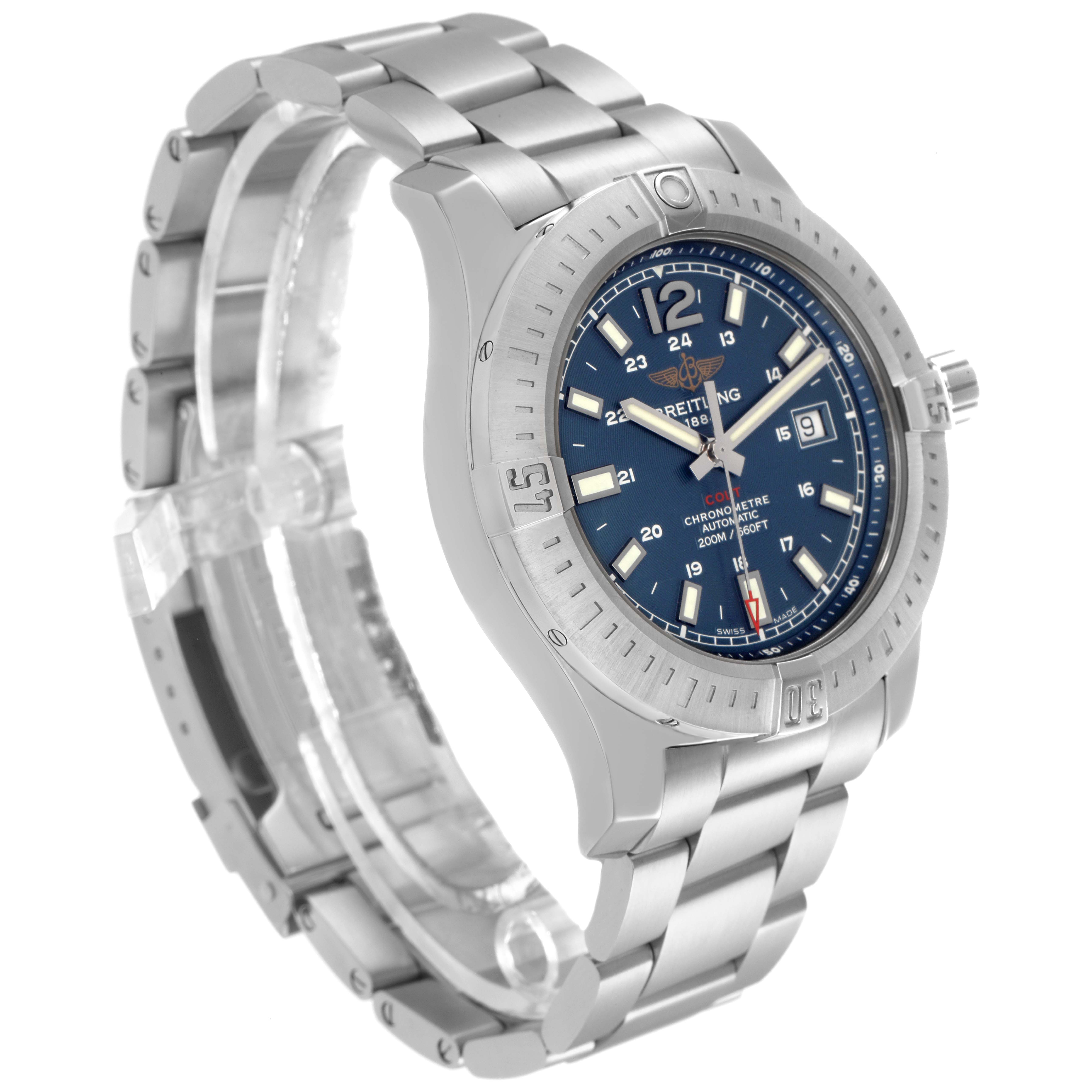The image shows the Breitling Colt model A17388 watch at a slight angle, highlighting the face, bezel, crown, and part of the bracelet.