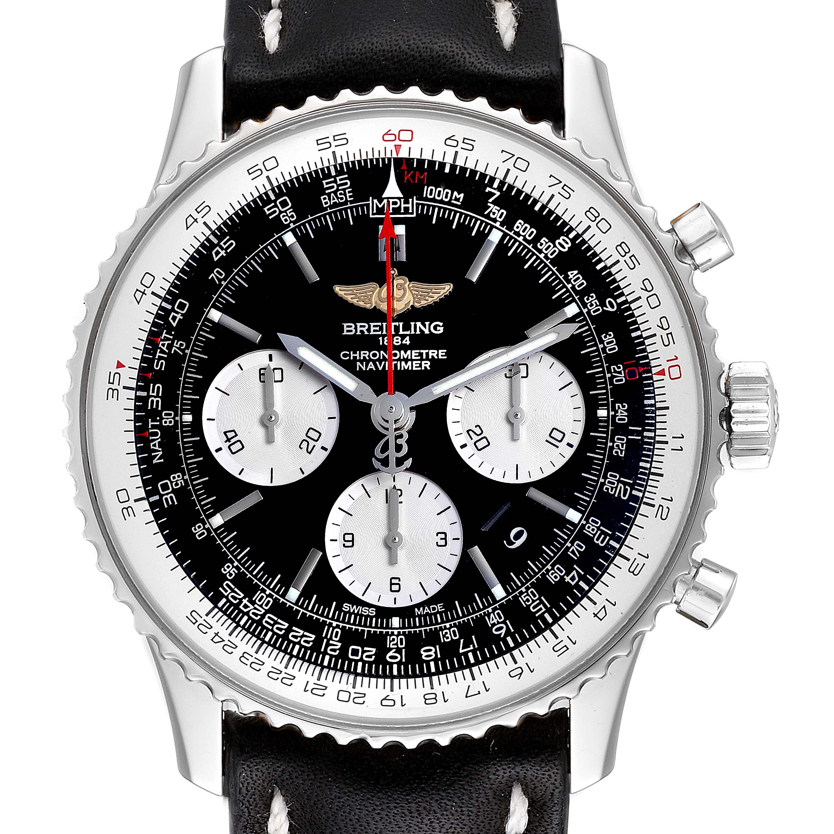 The image shows a Breitling Navitimer AB0120 Men
s Stainless Steel Black Dial AB0120 Men
s Stainless Steel Black Dial watch with a black dial, three subdials, and a black leather strap, viewed from the front.