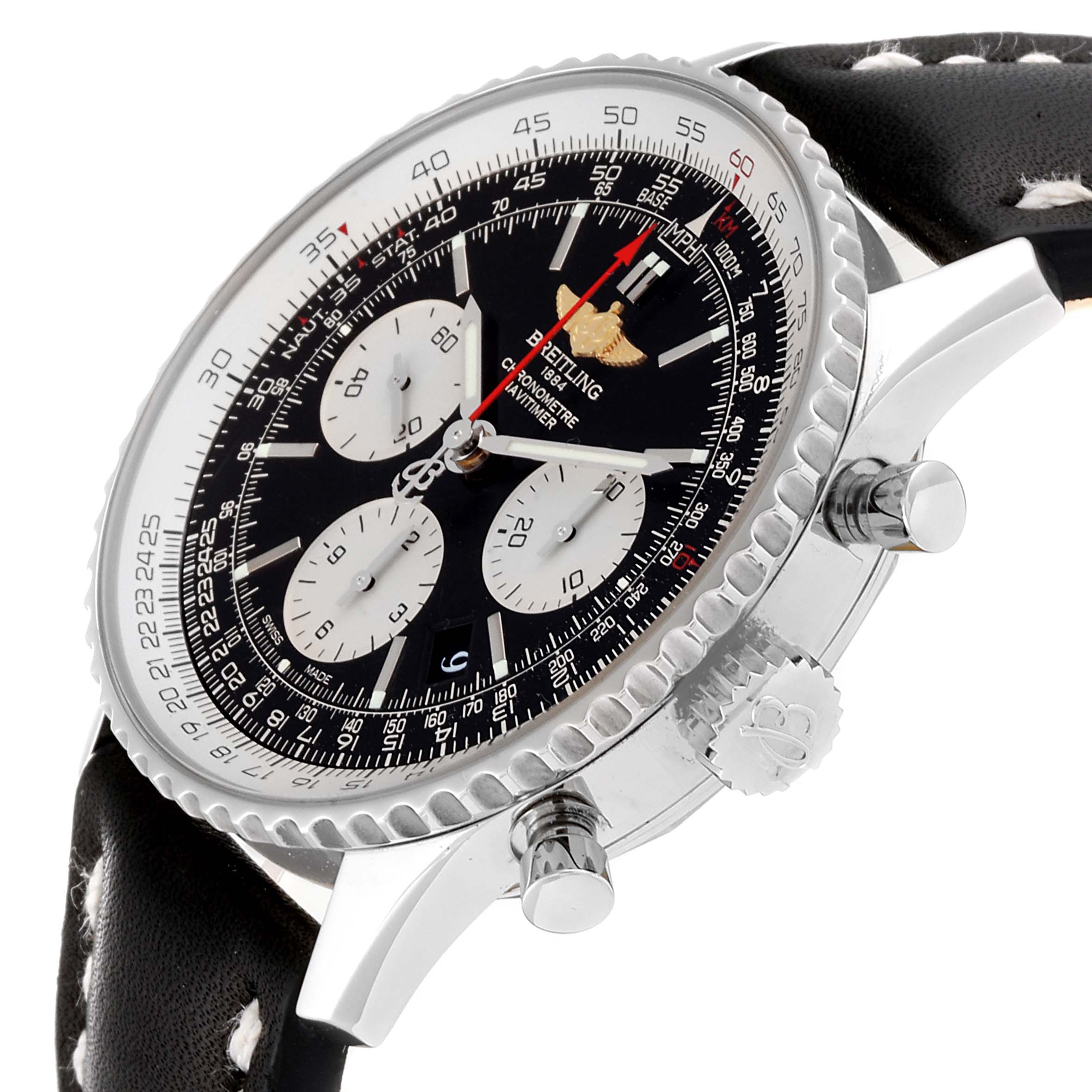 This image shows a side angle of the Breitling Navitimer AB0120 Men
s Stainless Steel Black Dial AB0120 Men
s Stainless Steel Black Dial, highlighting the case, bezel, crown, pushers, and part of the leather strap.