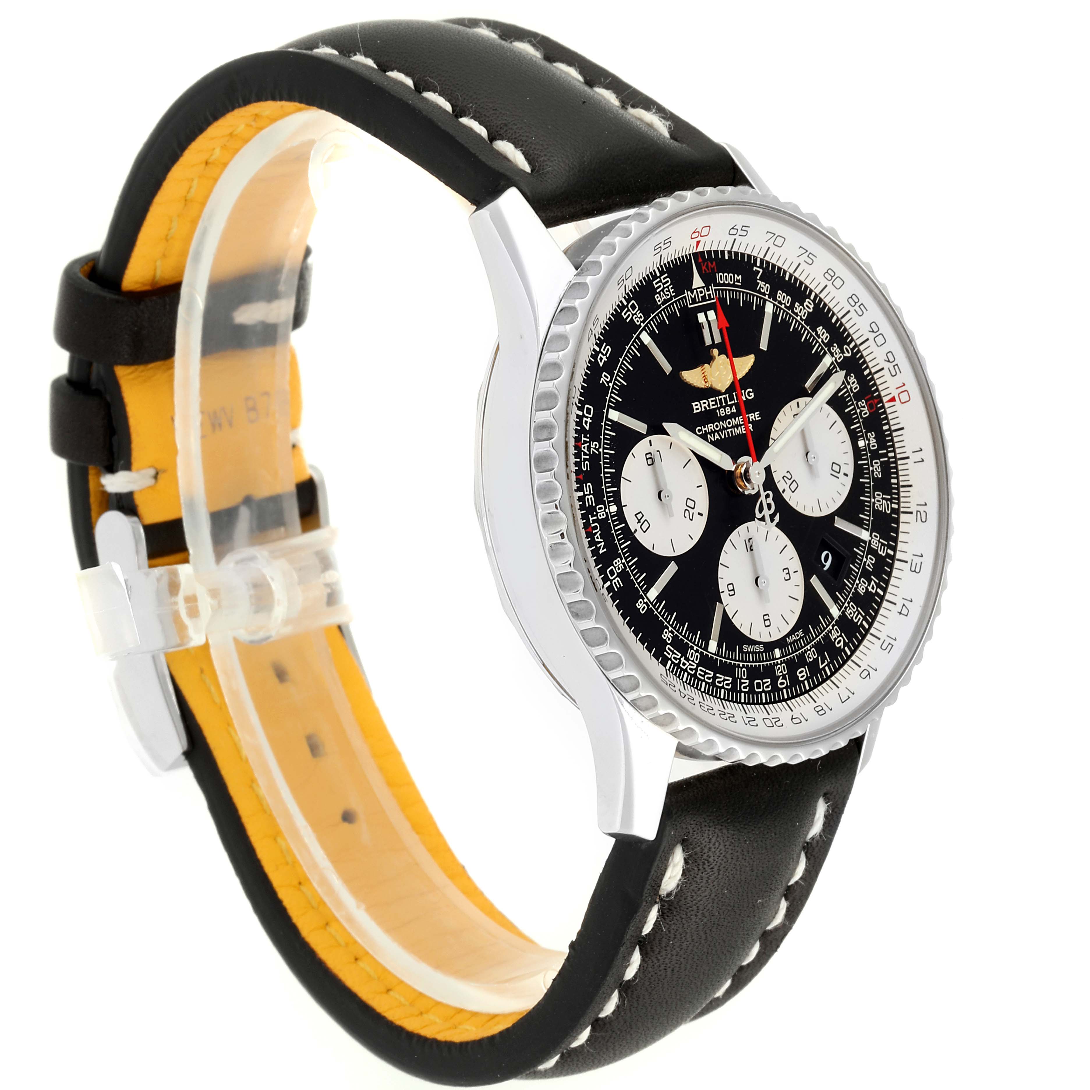 The image shows a side-angle view of the Breitling Navitimer AB0120 Men
s Stainless Steel Black Dial AB0120 Men
s Stainless Steel Black Dial watch, highlighting its black dial, subdials, bezel, and leather strap.