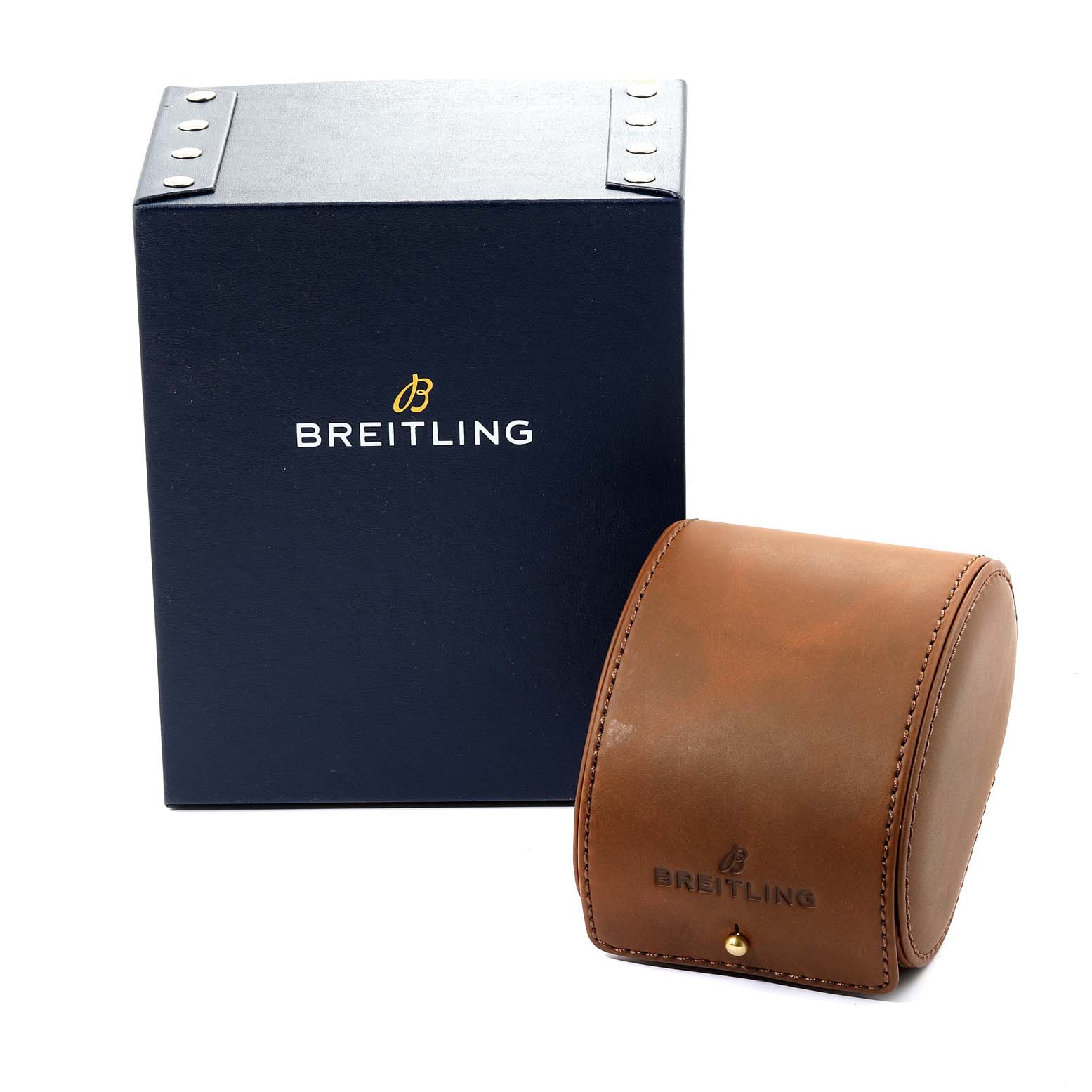 The image shows a dark blue Breitling Navitimer AB0120 Men
s Stainless Steel Black Dial AB0120 Men
s Stainless Steel Black Dial watch box and a brown leather watch case.