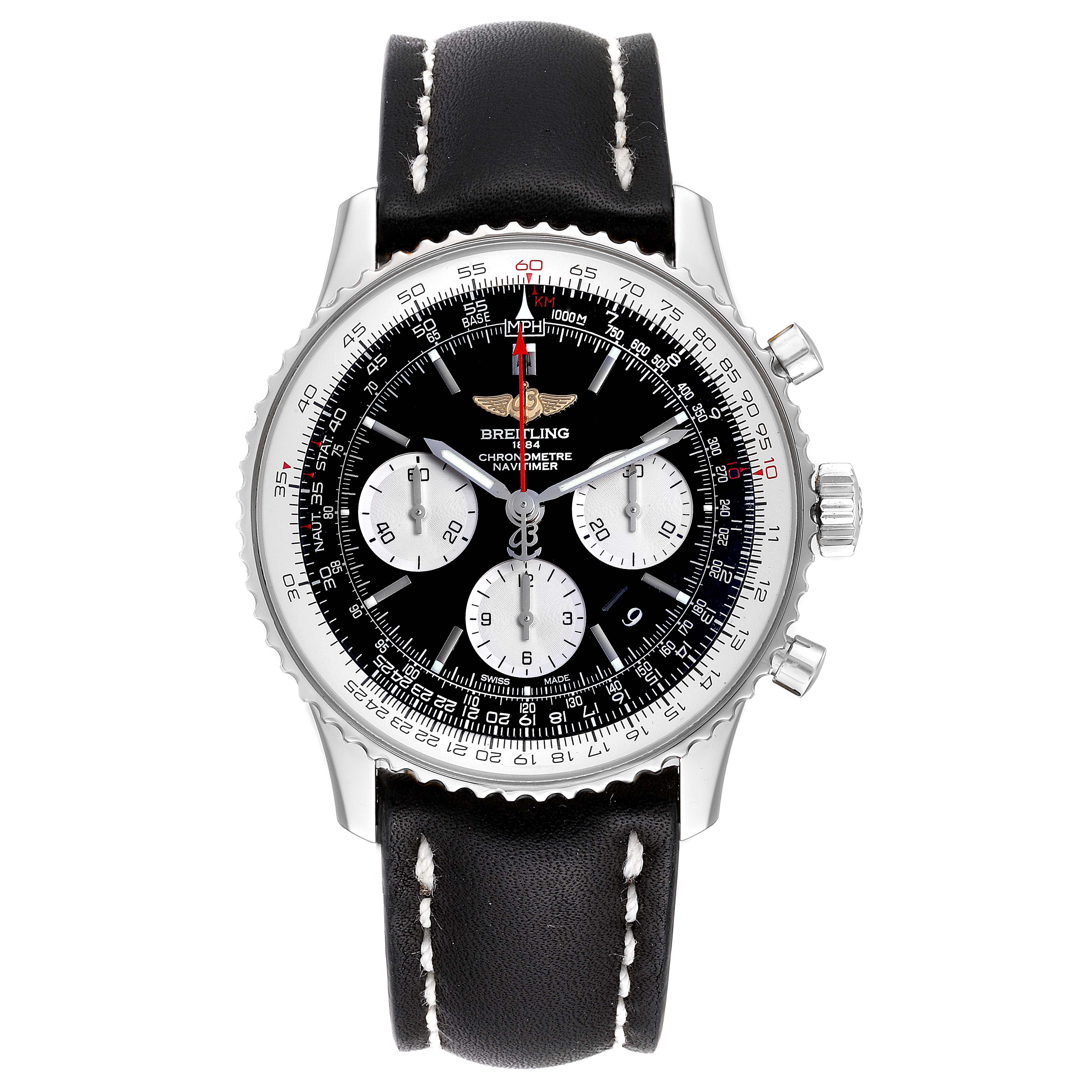 The Breitling Navitimer AB0120 Men
s Stainless Steel Black Dial AB0120 Men
s Stainless Steel Black Dial watch is shown from a top-down angle, displaying its face, bezel, and leather strap.