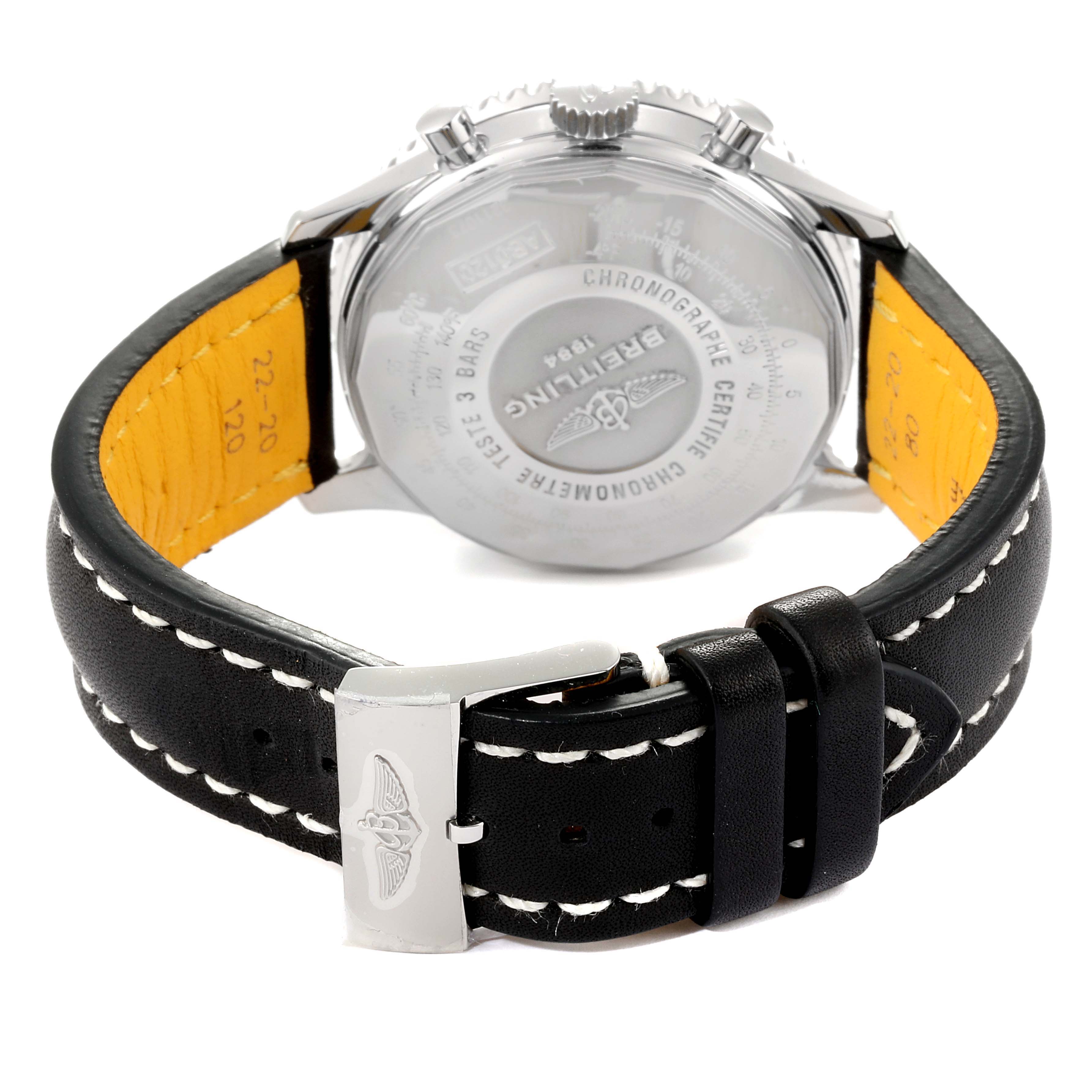 The image shows the back side of a Breitling Navitimer AB0120 Men
s Stainless Steel Black Dial AB0120 Men
s Stainless Steel Black Dial watch, including the case back and leather strap with buckle.