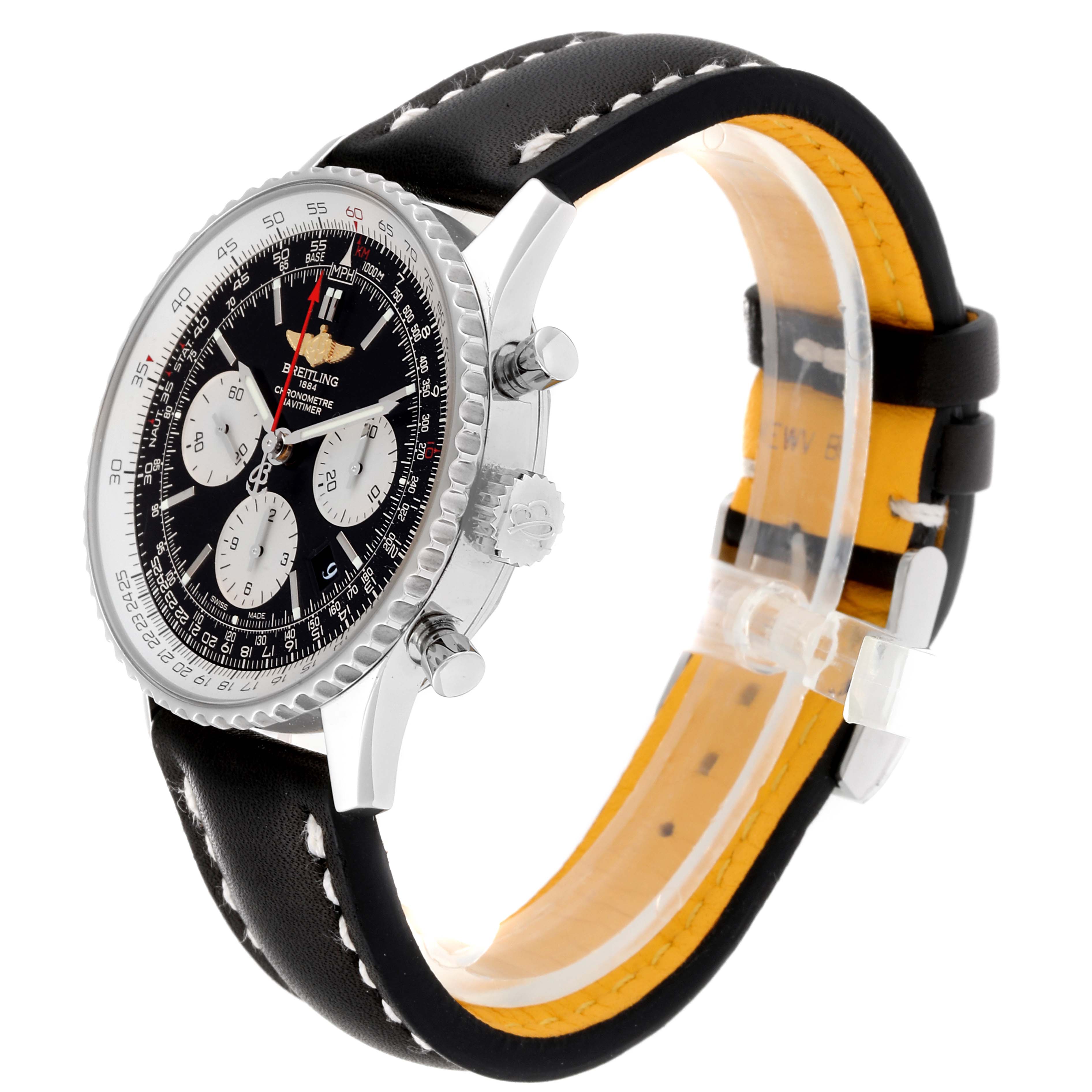 The image shows a side angle of a Breitling Navitimer AB0120 Men
s Stainless Steel Black Dial AB0120 Men
s Stainless Steel Black Dial watch with a black dial, chronograph sub-dials, and a black leather strap.