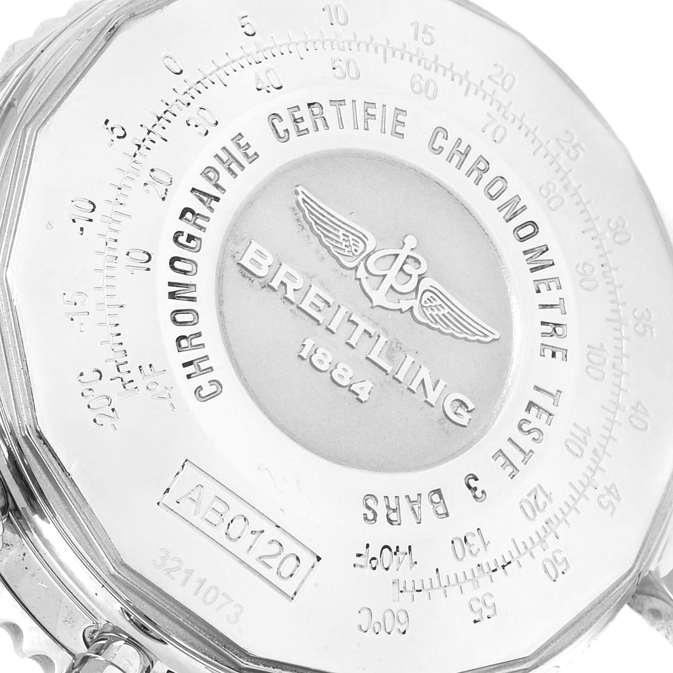 The image shows the back case of a Breitling Navitimer AB0120 Men
s Stainless Steel Black Dial AB0120 Men
s Stainless Steel Black Dial watch, highlighting engravings and the model details.