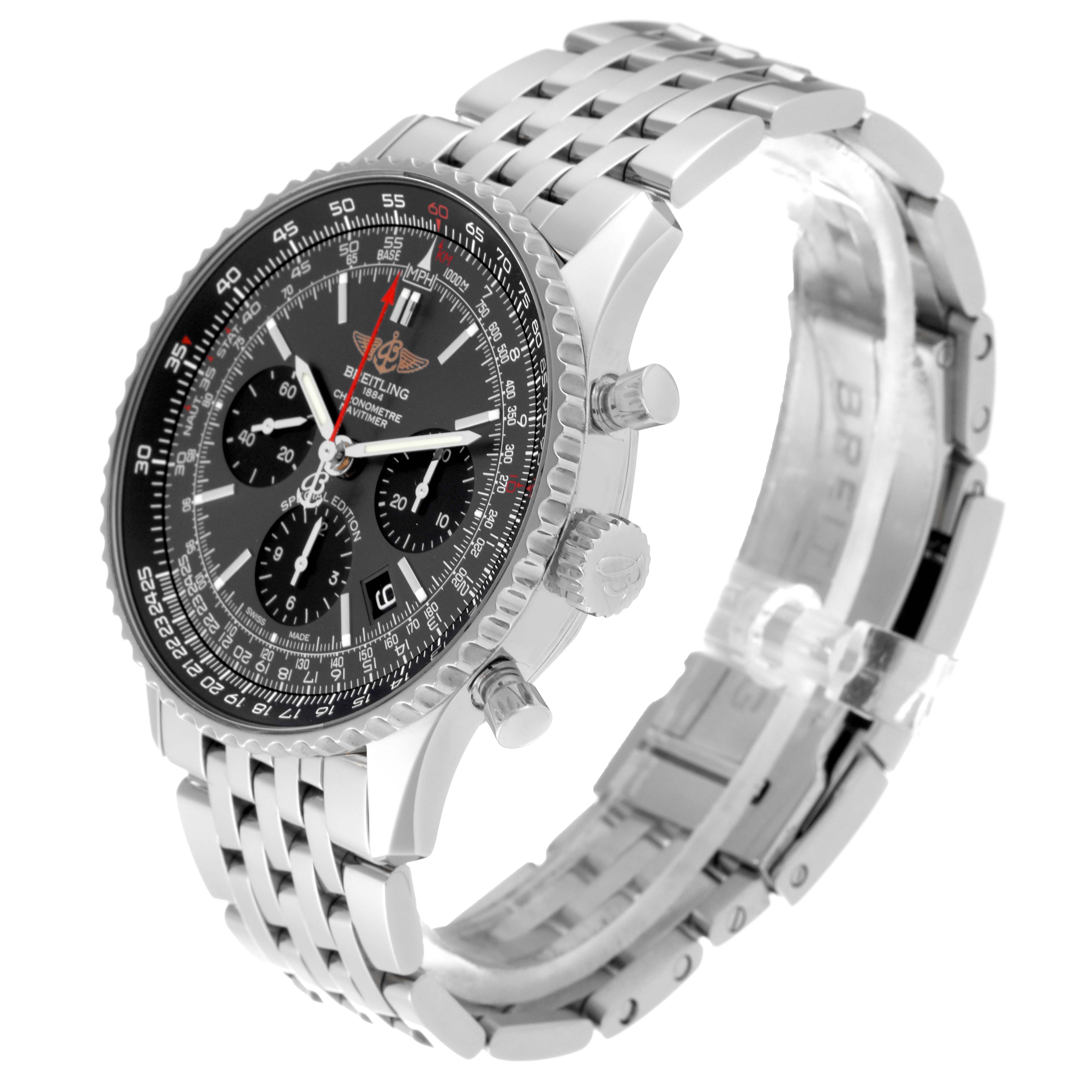 The Breitling Navitimer AB0121A21B1A1 Men's Stainless Steel Grey Dial AB0121A21B1A1 Men's Stainless Steel Grey Dial watch is shown from an angled side view, displaying the face, bezel, pushers, crown, and bracelet.