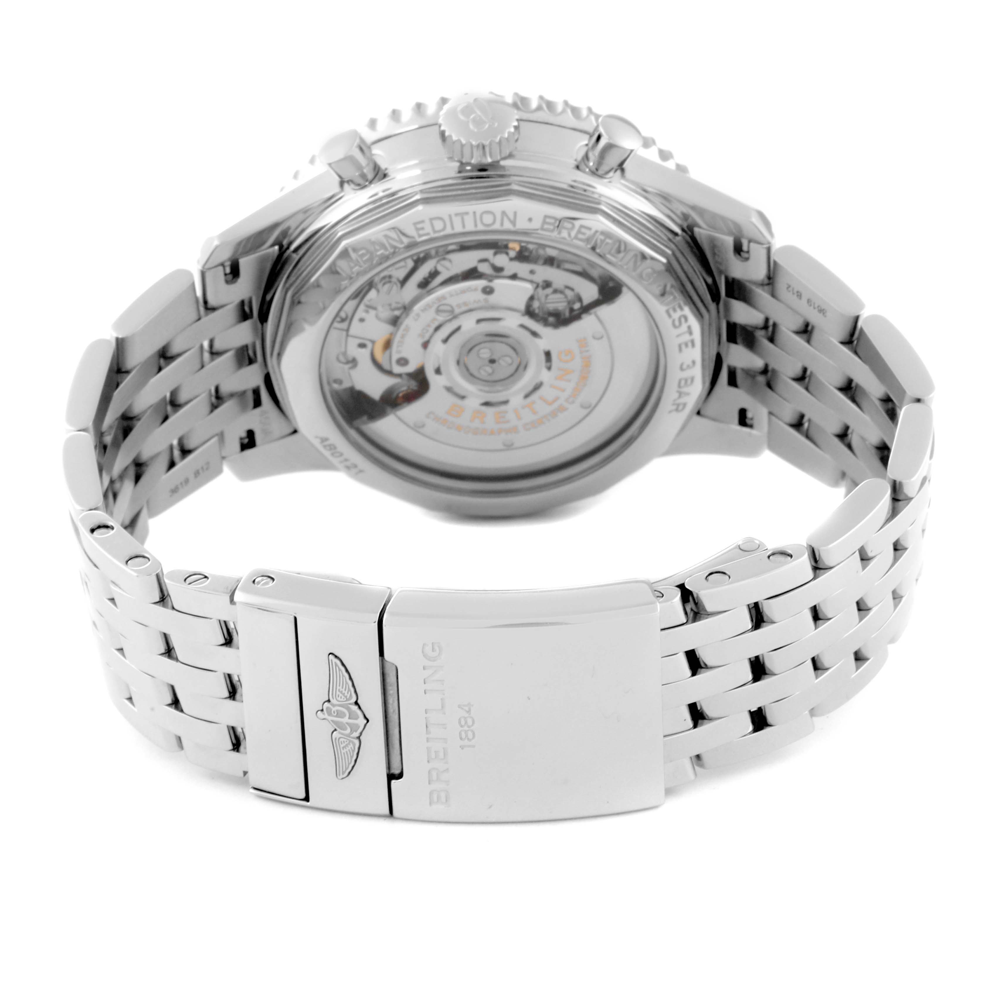 The image shows the back view of a Breitling Navitimer AB0121A21B1A1 Men's Stainless Steel Grey Dial AB0121A21B1A1 Men's Stainless Steel Grey Dial watch, highlighting its exposed movement and metal bracelet.