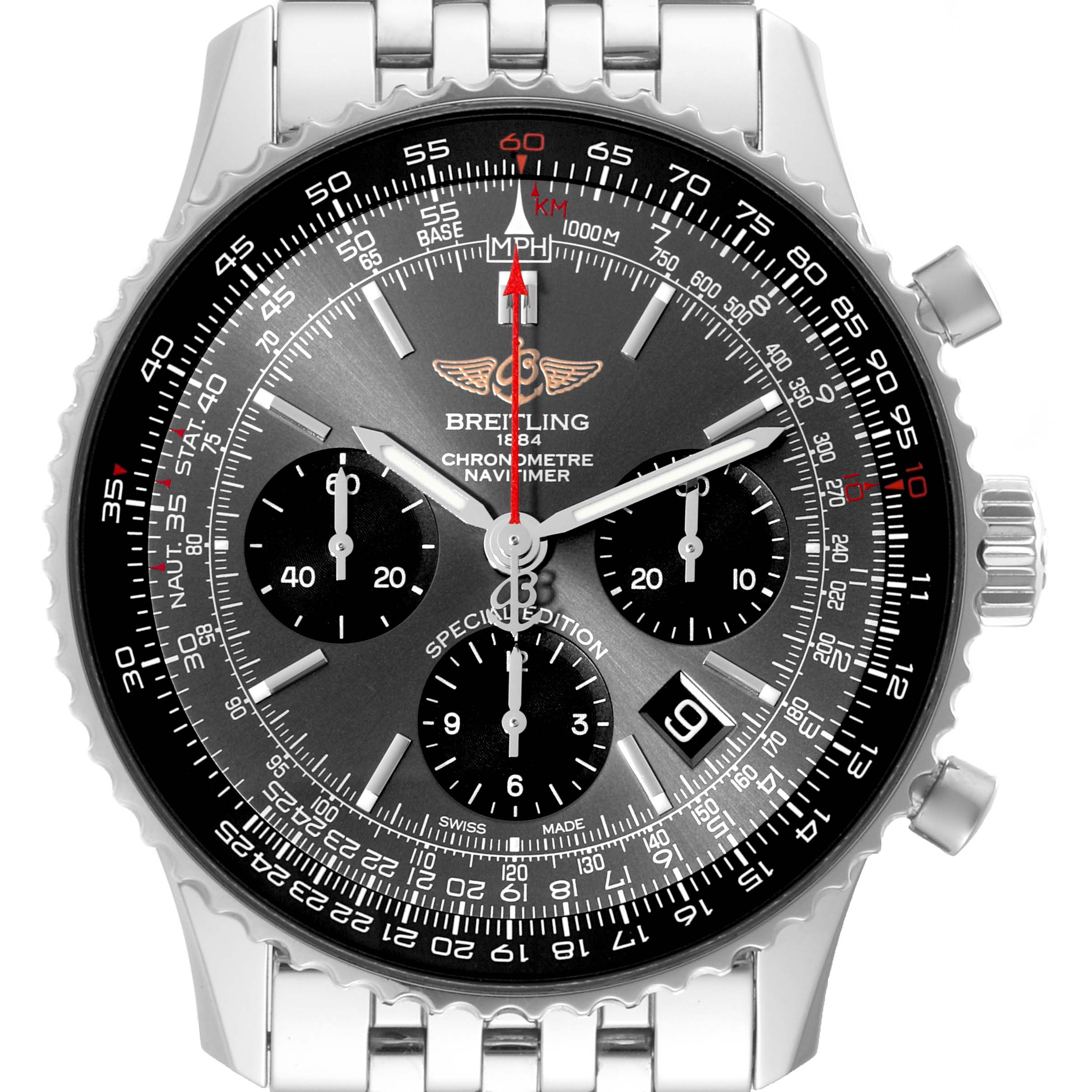 The image shows a top-down view of a Breitling Navitimer AB0121A21B1A1 Men's Stainless Steel Grey Dial AB0121A21B1A1 Men's Stainless Steel Grey Dial watch, detailing the dial, subdials, bezel, and metal bracelet.