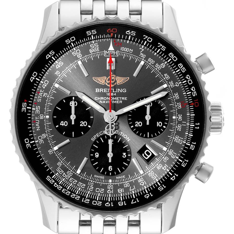 The image shows a top-down view of a Breitling Navitimer watch, detailing the dial, subdials, bezel, and metal bracelet.