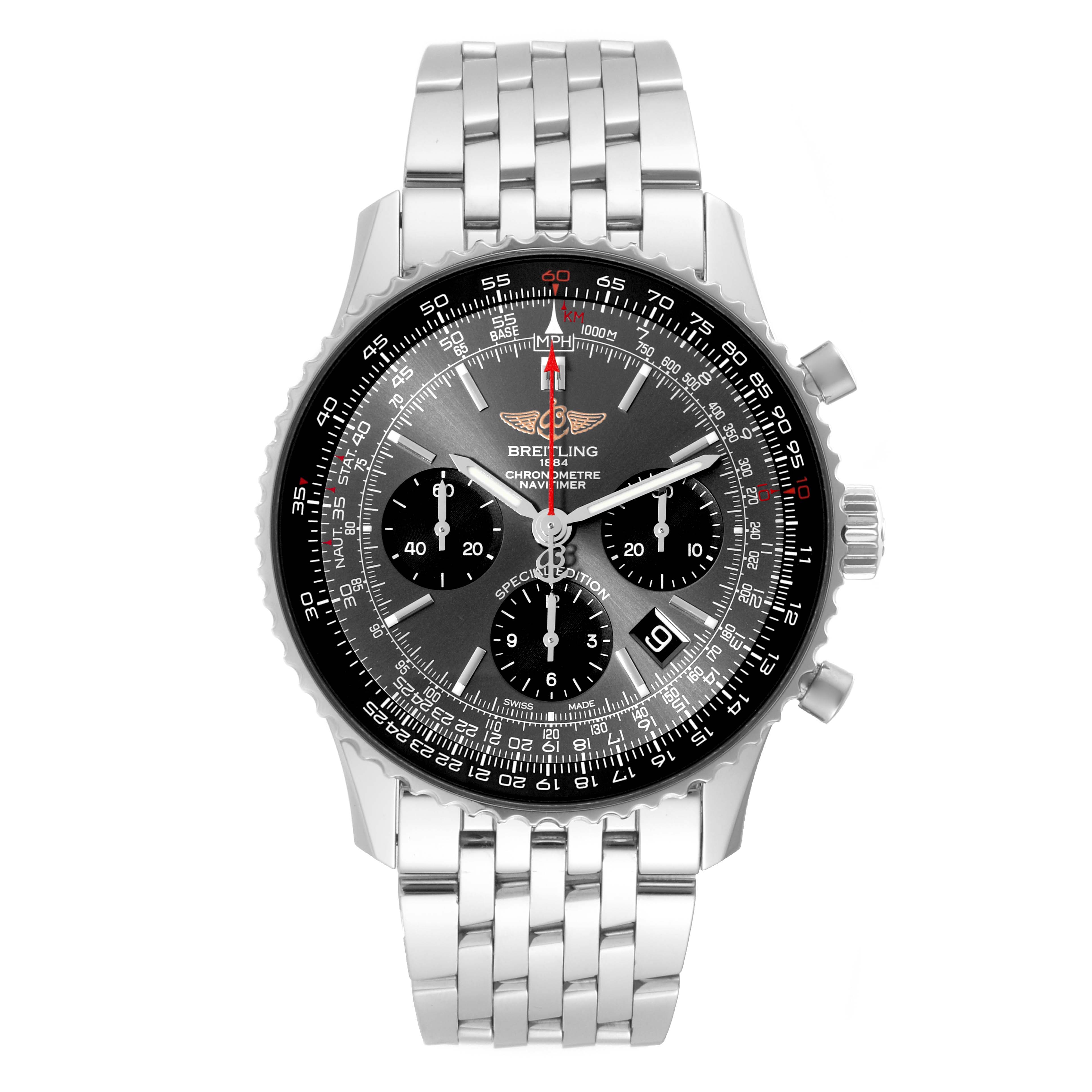 The image shows a front view of a Breitling Navitimer AB0121A21B1A1 Men's Stainless Steel Grey Dial AB0121A21B1A1 Men's Stainless Steel Grey Dial watch, displaying the dial, bezel, pushers, and stainless steel bracelet.