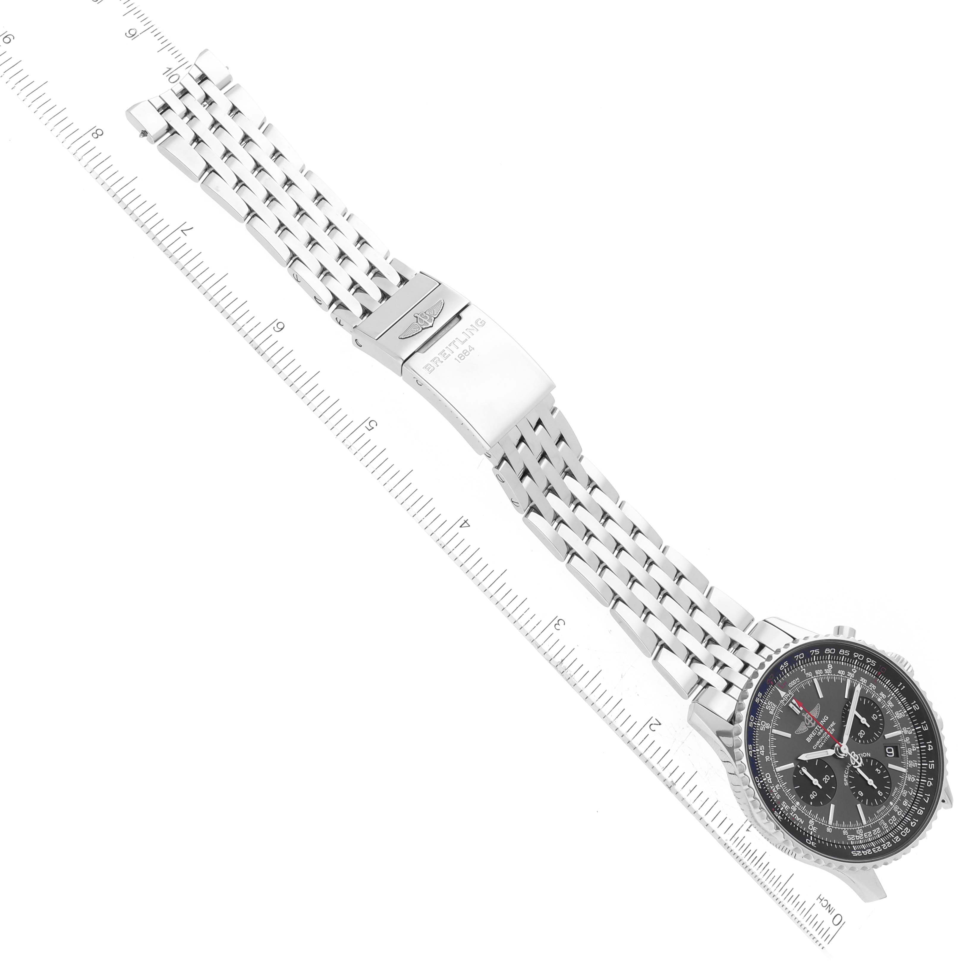 The image shows a top-down view of a Breitling Navitimer AB0121A21B1A1 Men's Stainless Steel Grey Dial AB0121A21B1A1 Men's Stainless Steel Grey Dial watch, highlighting the face, band, and clasp.