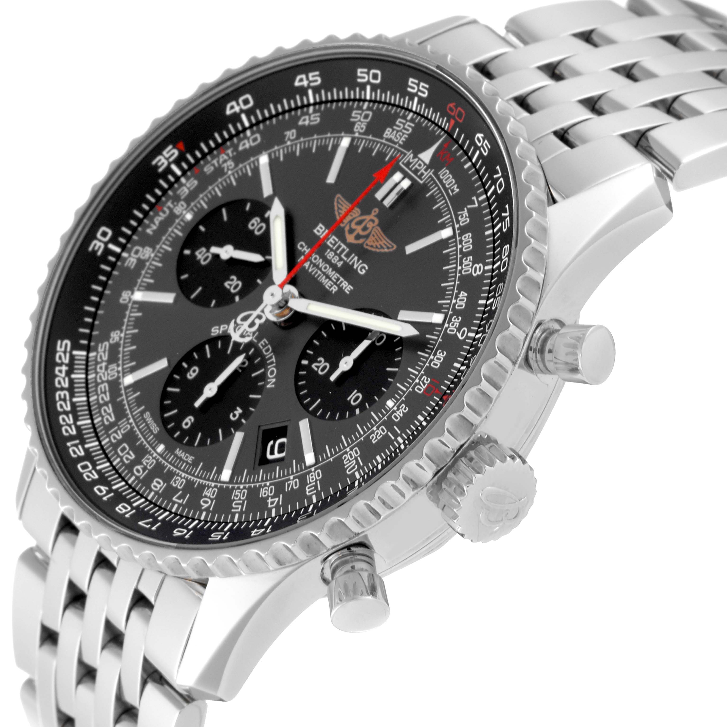 The Breitling Navitimer AB0121A21B1A1 Men's Stainless Steel Grey Dial AB0121A21B1A1 Men's Stainless Steel Grey Dial watch is shown at an angled side view, highlighting the dial, bezel, crown, pushers, and part of the bracelet.