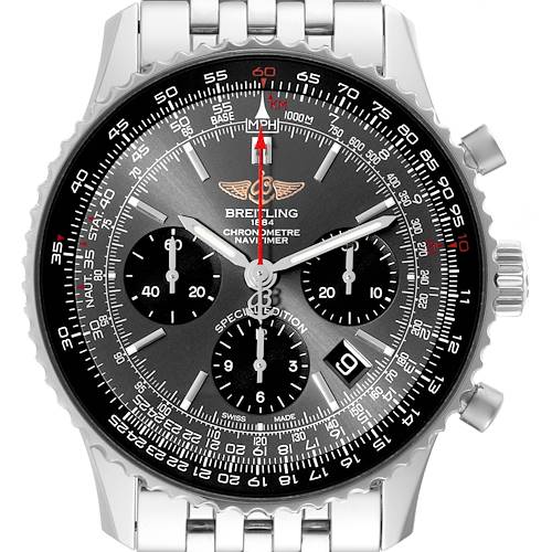 The image shows a front view of a Breitling Navitimer watch displaying its dial, chronograph subdials, and metal bracelet.