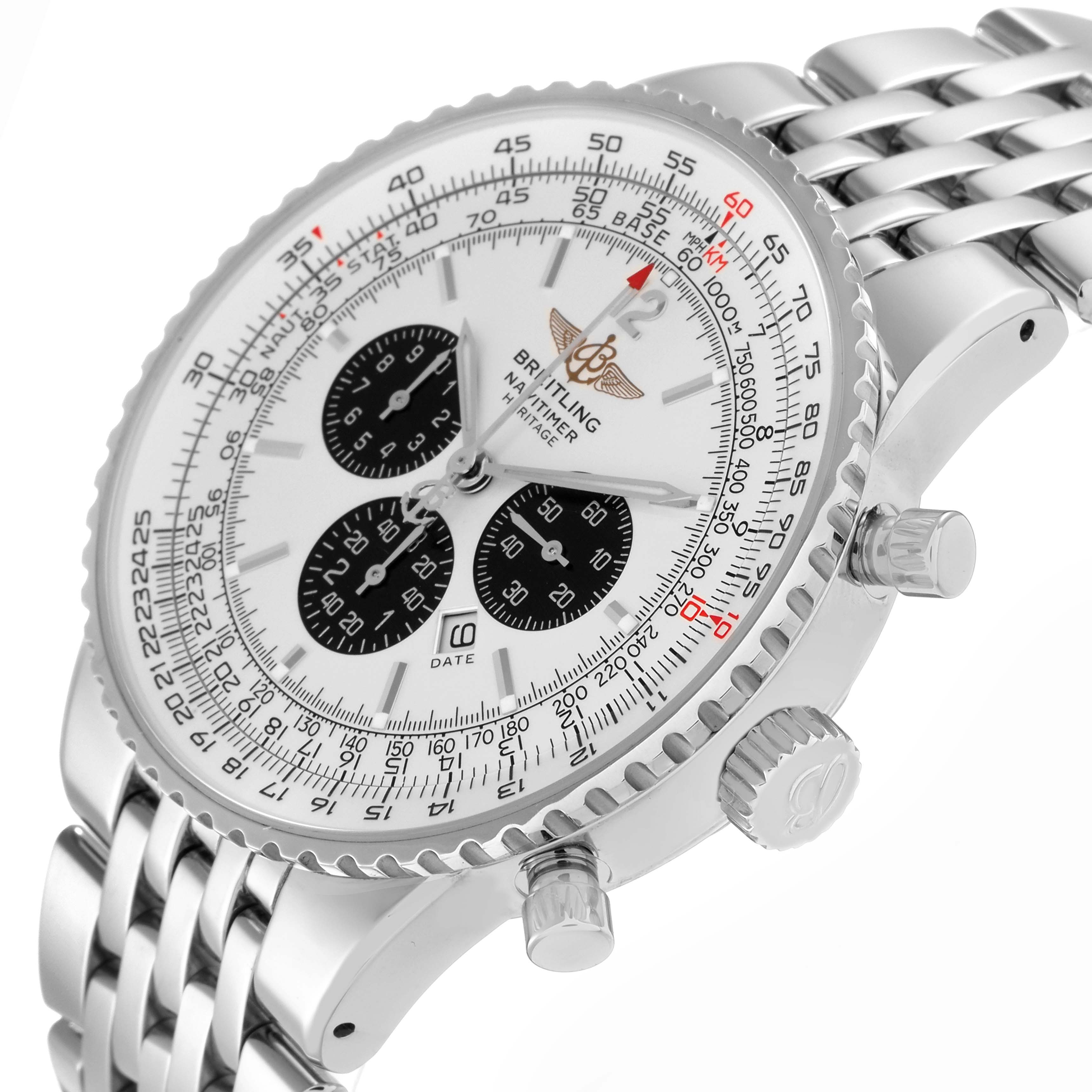 The Breitling Navitimer A35340 is shown from a slightly angled side view, highlighting its detailed dial, bezel, pushers, and metal bracelet.