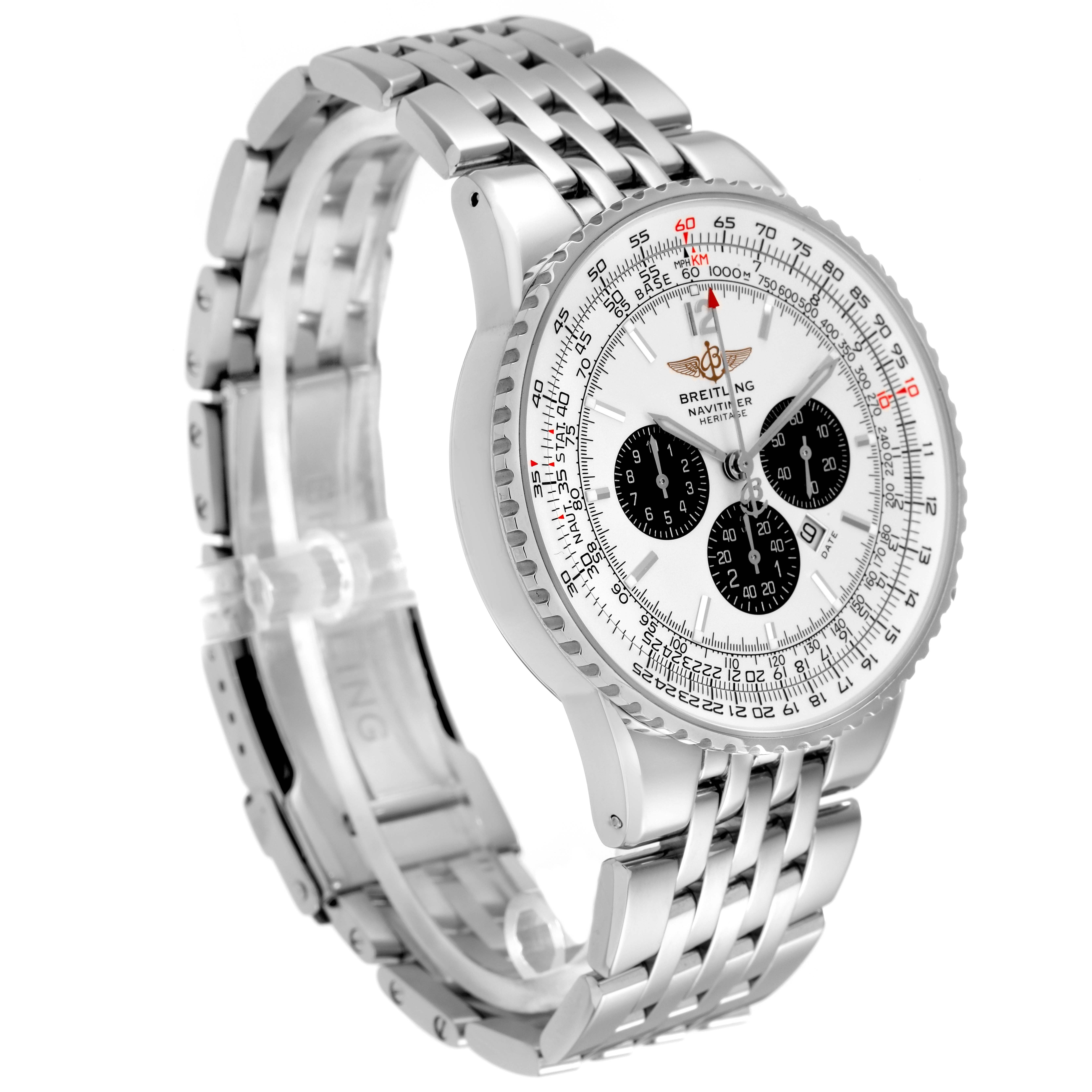 The Breitling Navitimer model A35340 is shown at a three-quarter angle, displaying its face, bezel, and metal bracelet.