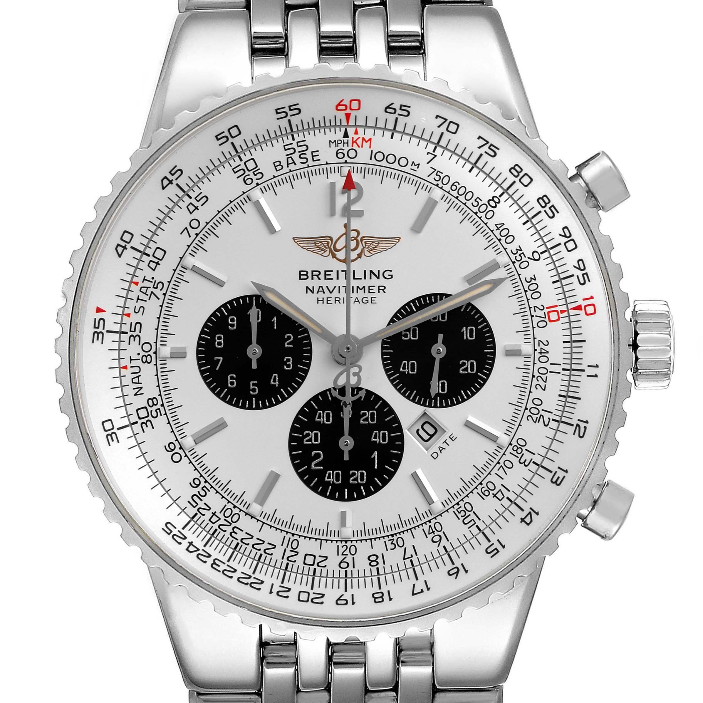 The Breitling Navitimer model A35340 is shown from a front angle, highlighting its face, chronograph subdials, bezel, and bracelet.